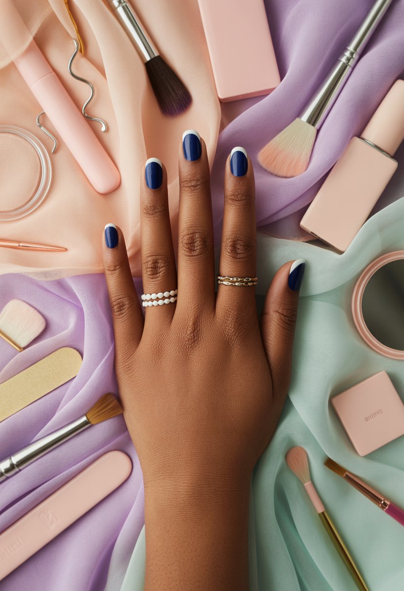 Navy Blue French Tips with White Outlines