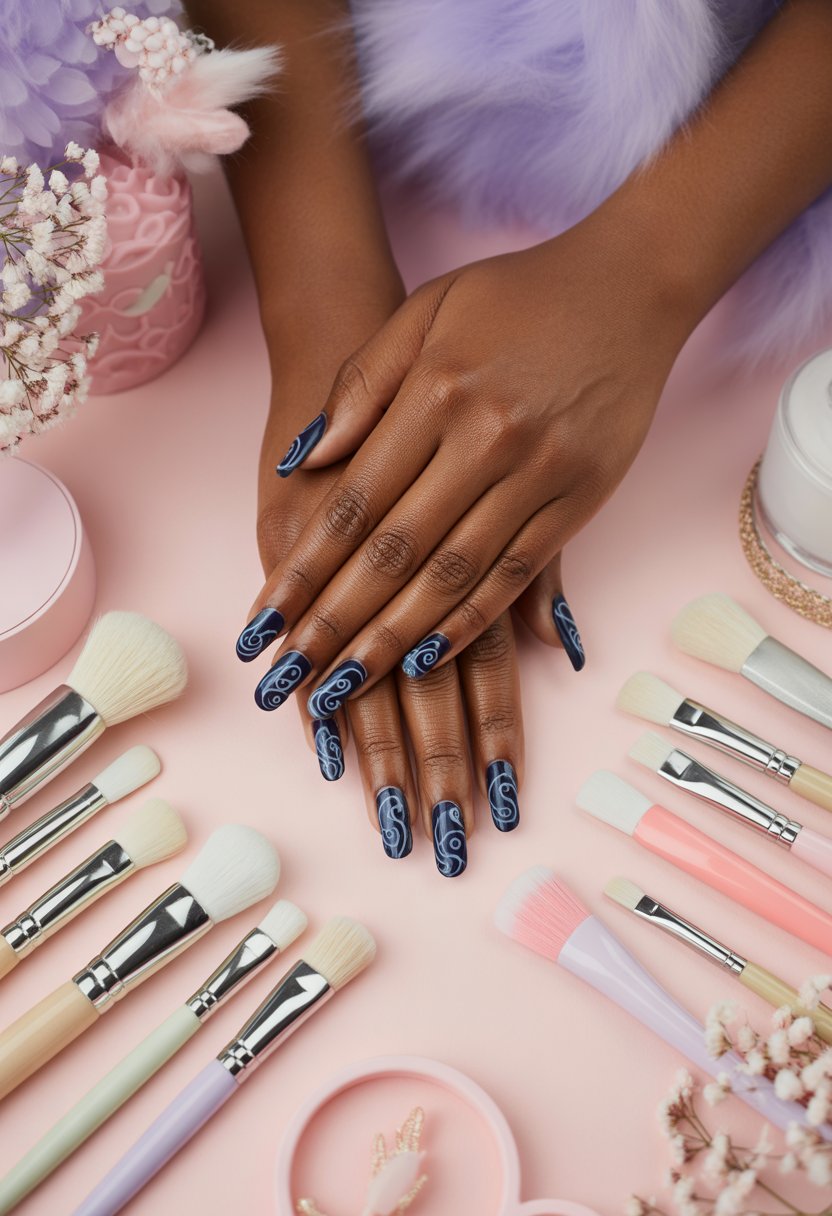 Navy Blue Swirl Nails