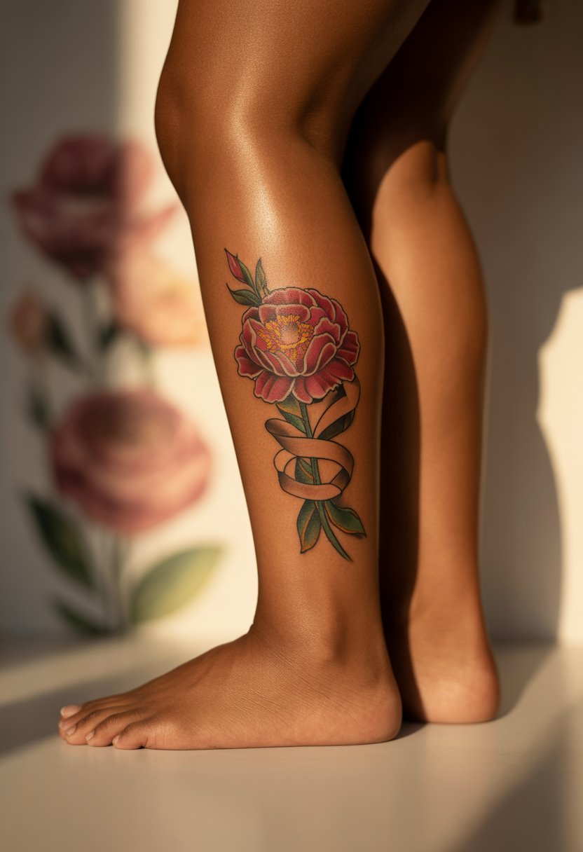Ribbon-Wrapped Flower Calf Tattoo