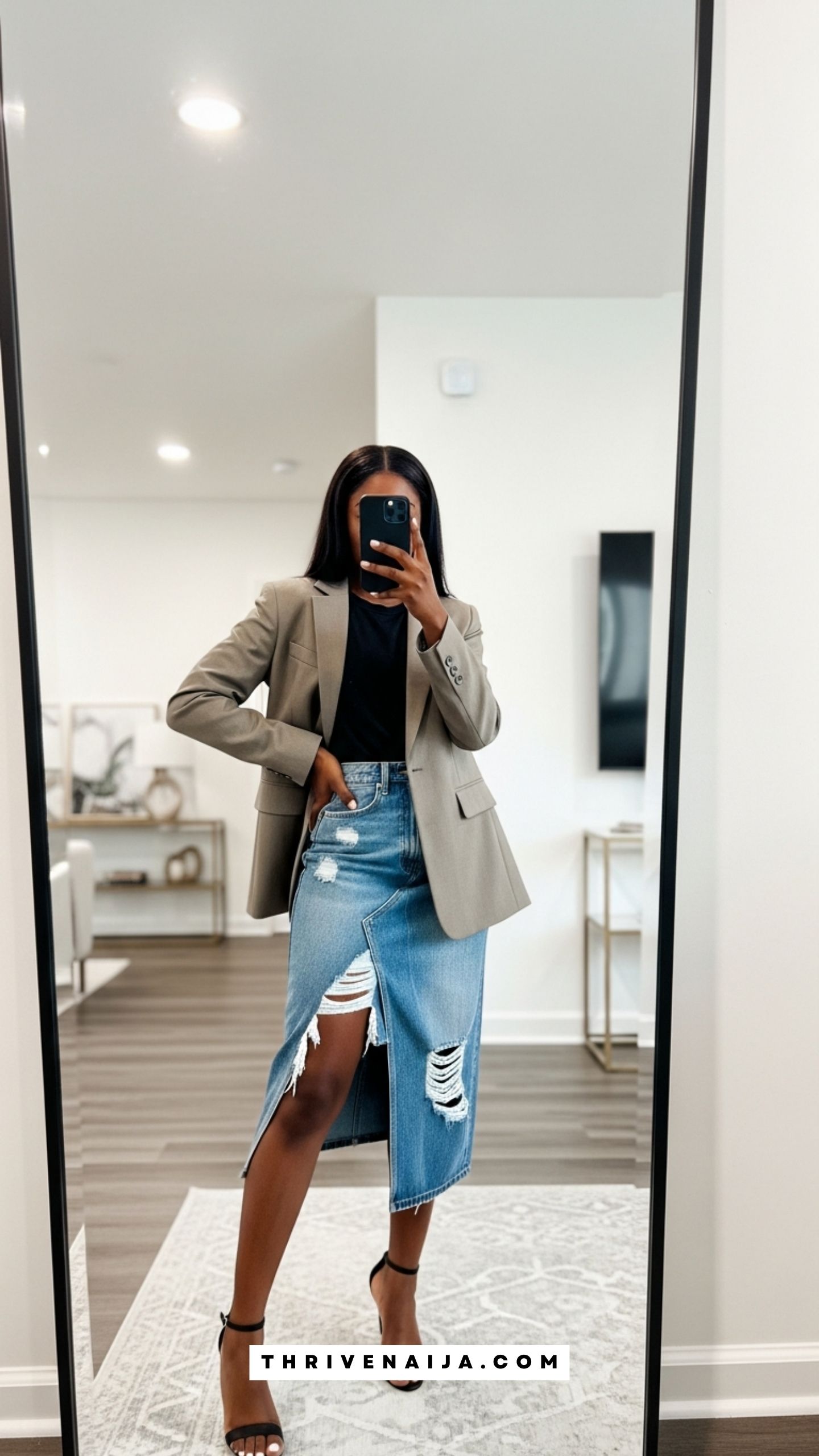 Slit Denim Skirt With a Blazer and Basic Tee