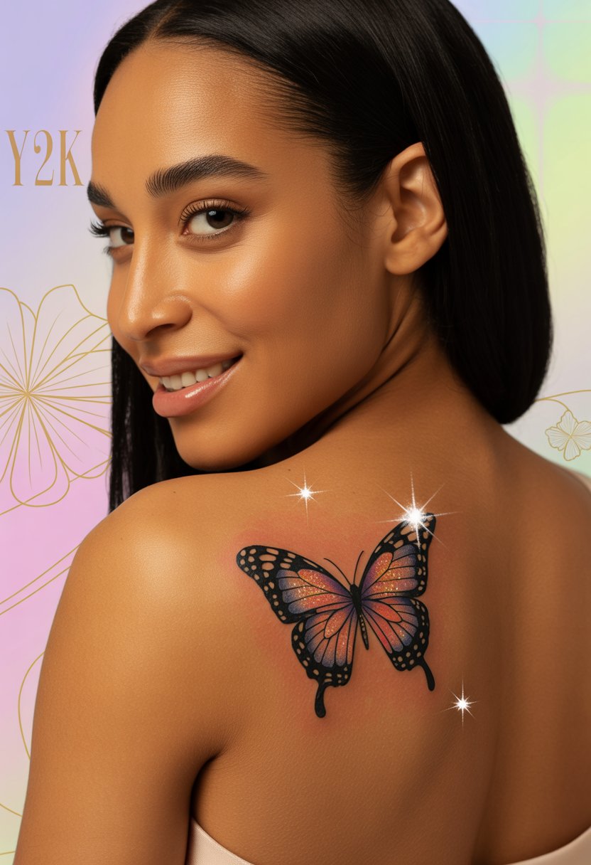 Sparkly Butterfly Lower Back Tattoo