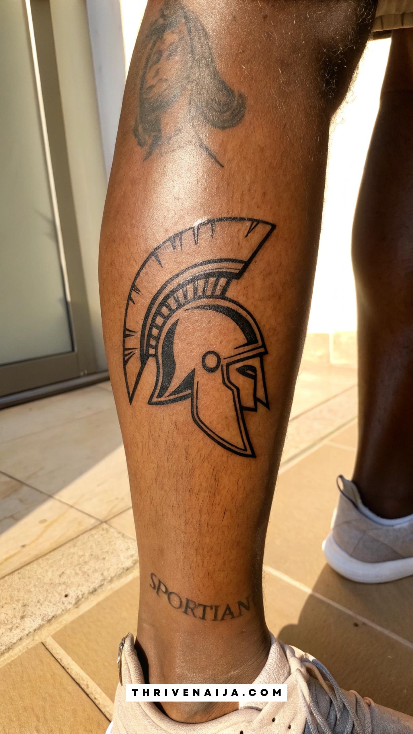 Spartan Helmet Outline Calf Tattoo