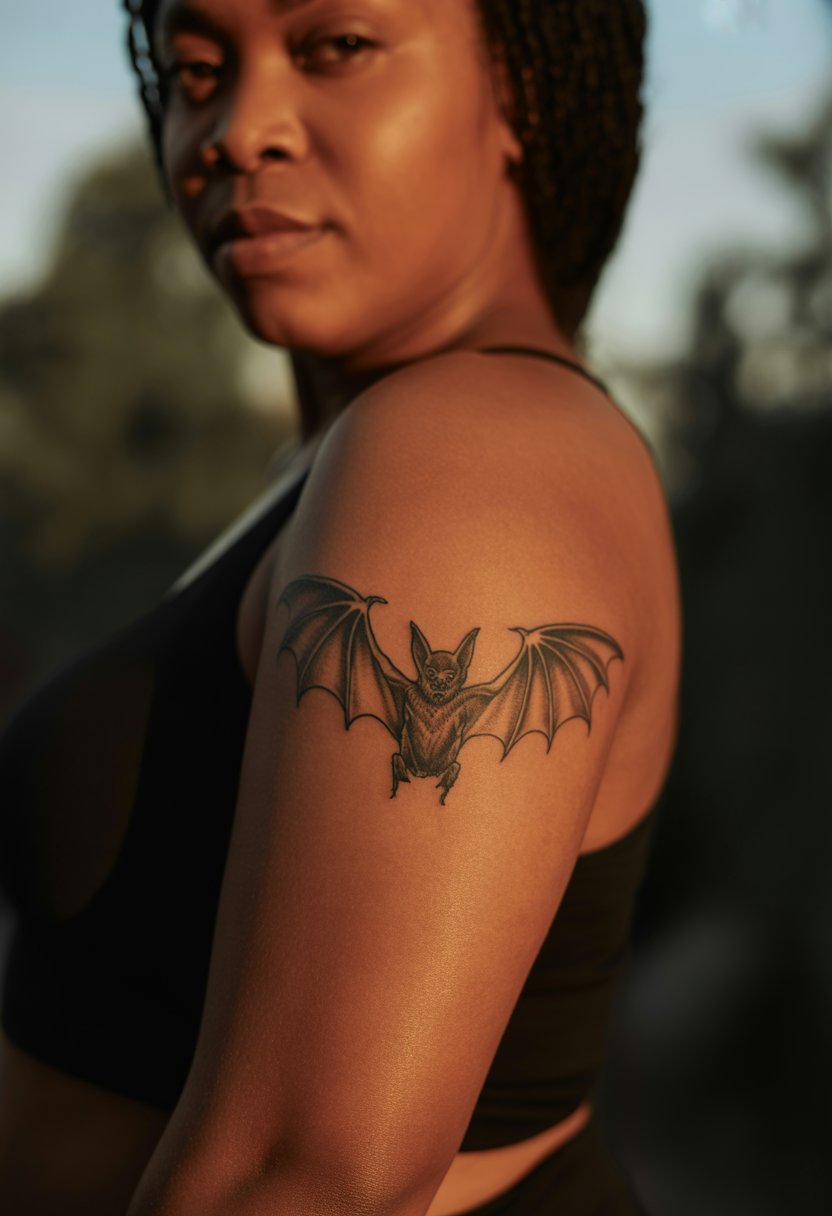 Spread-Wing Bat Upper Arm Tattoo