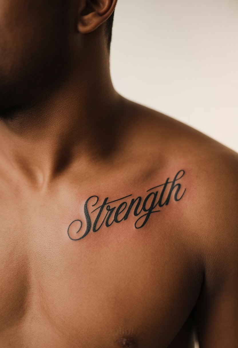 Strength” Script Collarbone Tattoo