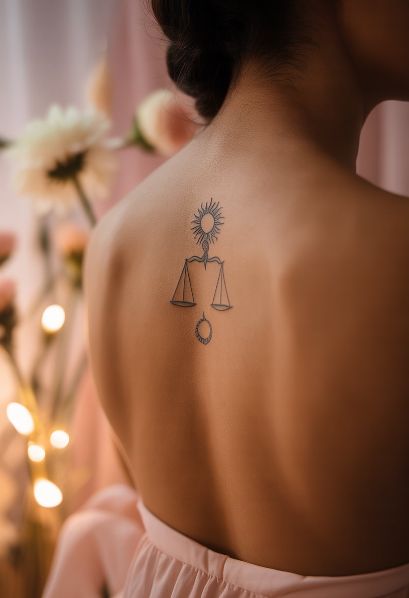 Sun, Moon, and Libra Symbol Spine Tattoo