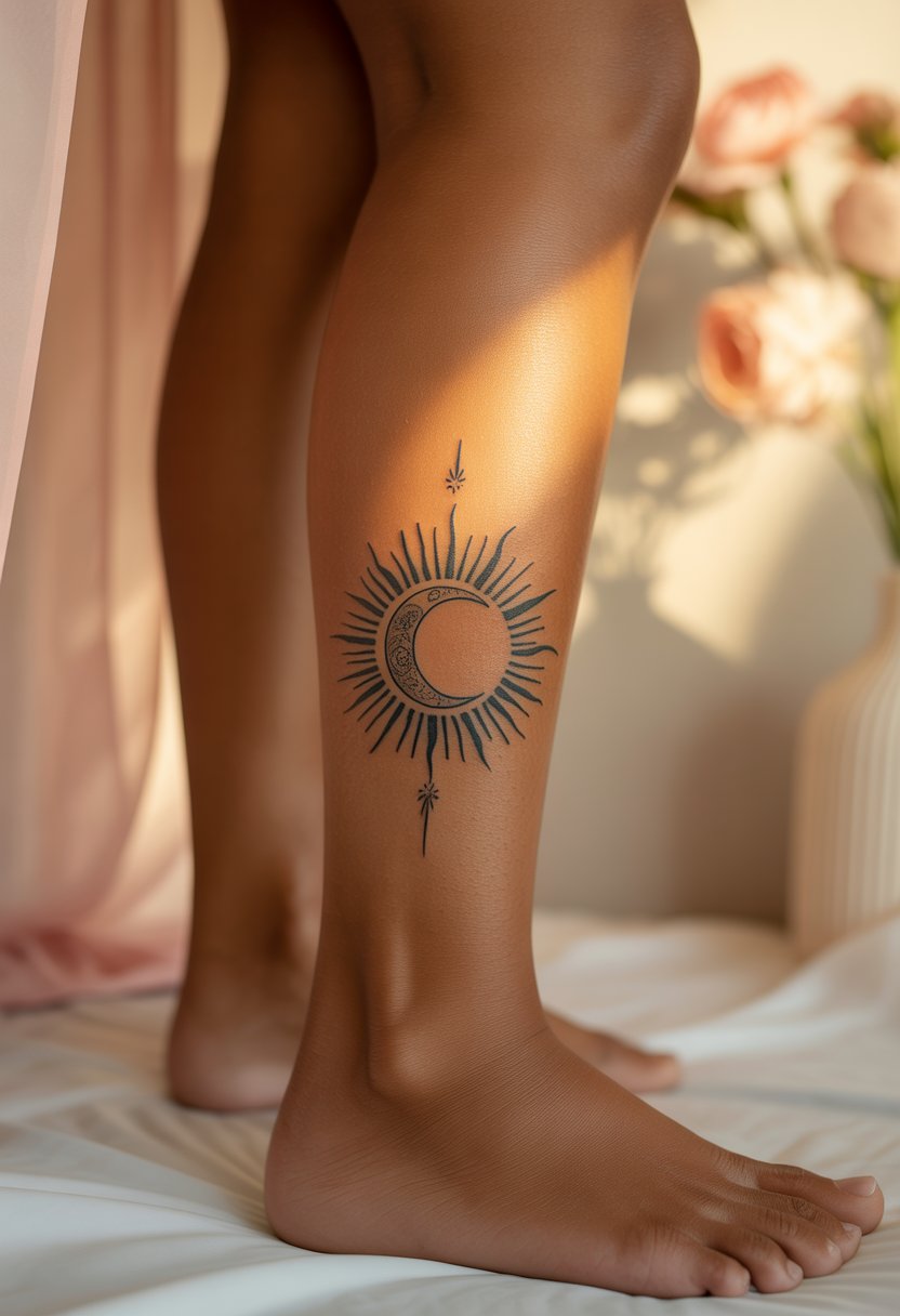 Sun Rays + Crescent Moon Calf Tattoo