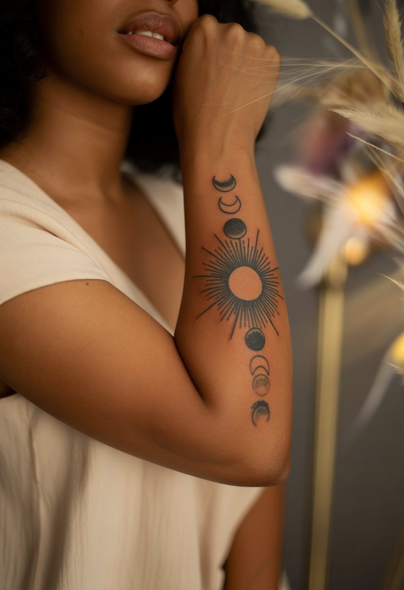 Sunburst and Moon Phase Forearm Tattoo