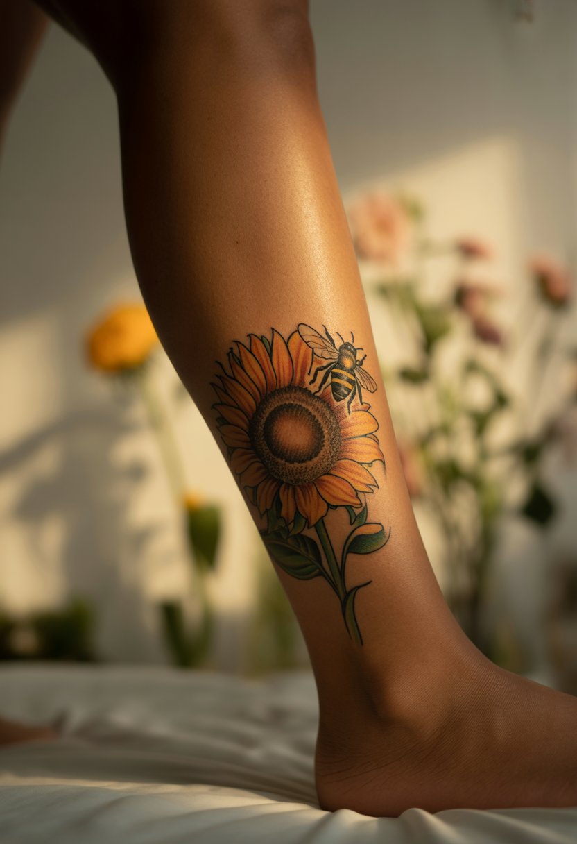 Sunflower and Bee Calf Tattoo