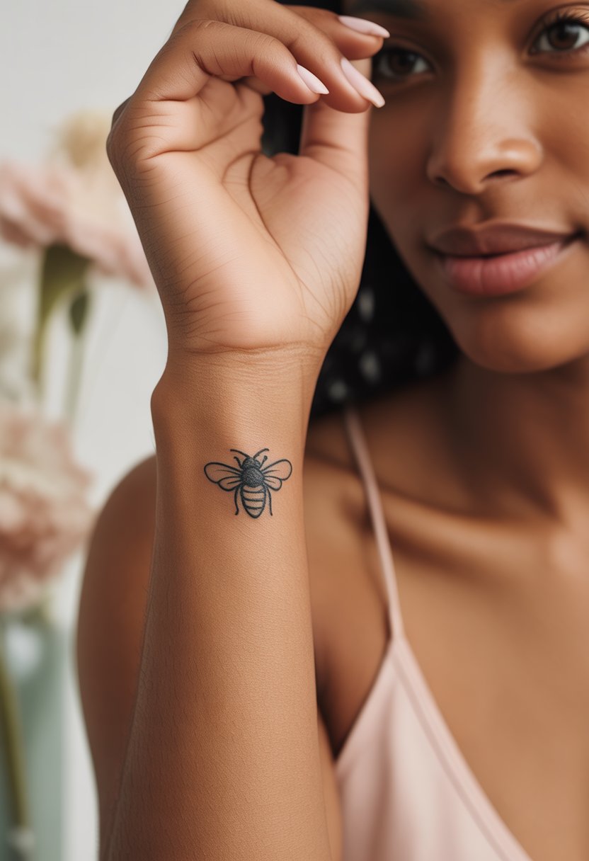 Tiny Outline Bee Wrist Tattoo