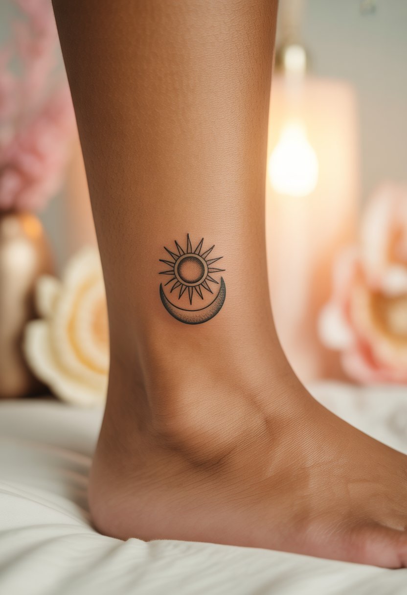 Tiny Sun Over Moon Ankle Tattoo