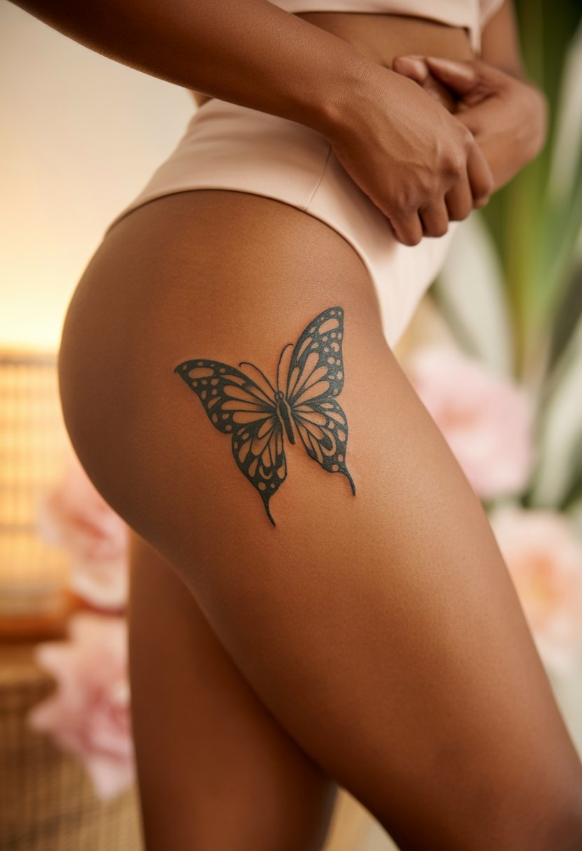 Tribal Butterfly Thigh Tattoo