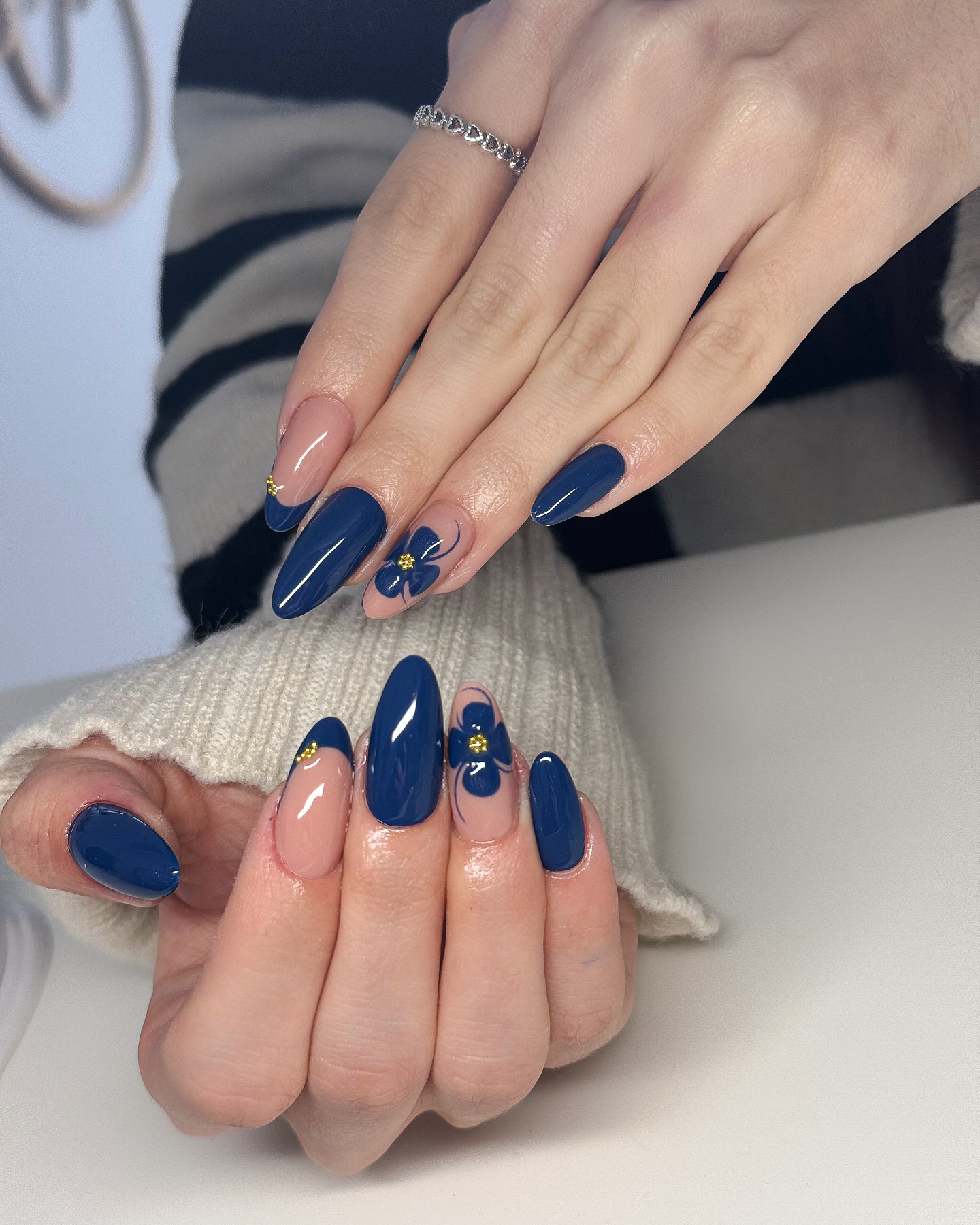 Navy Blue and Nude Nails