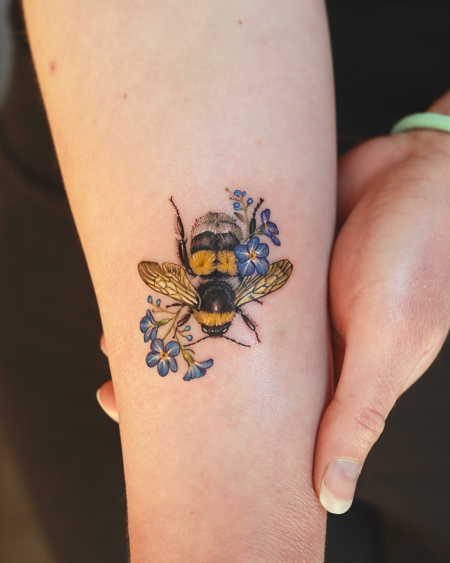 Floral Bee Forearm Tattoo