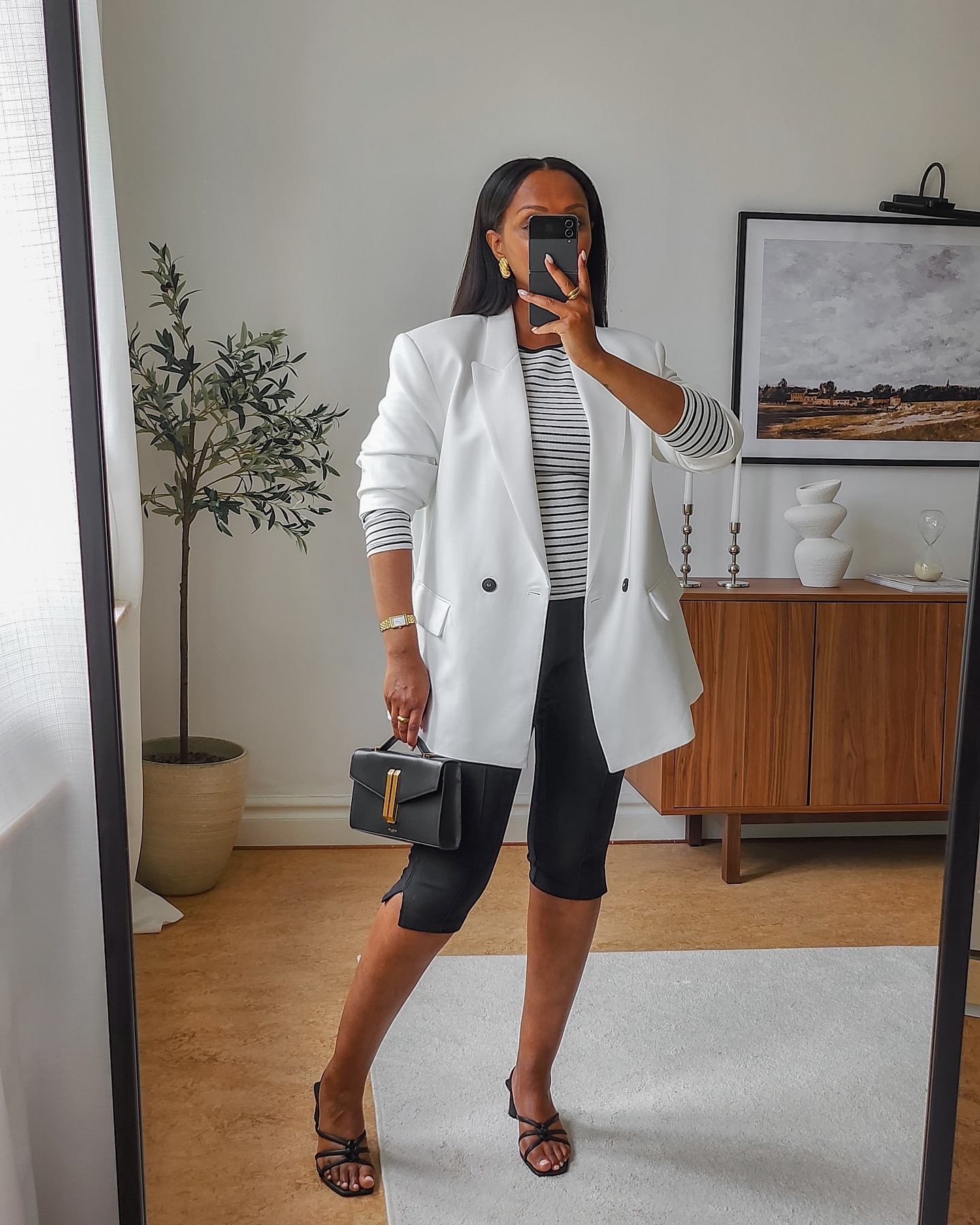 Capri Pants with Long Sleeve Zebra Top and White Blazer Jacket