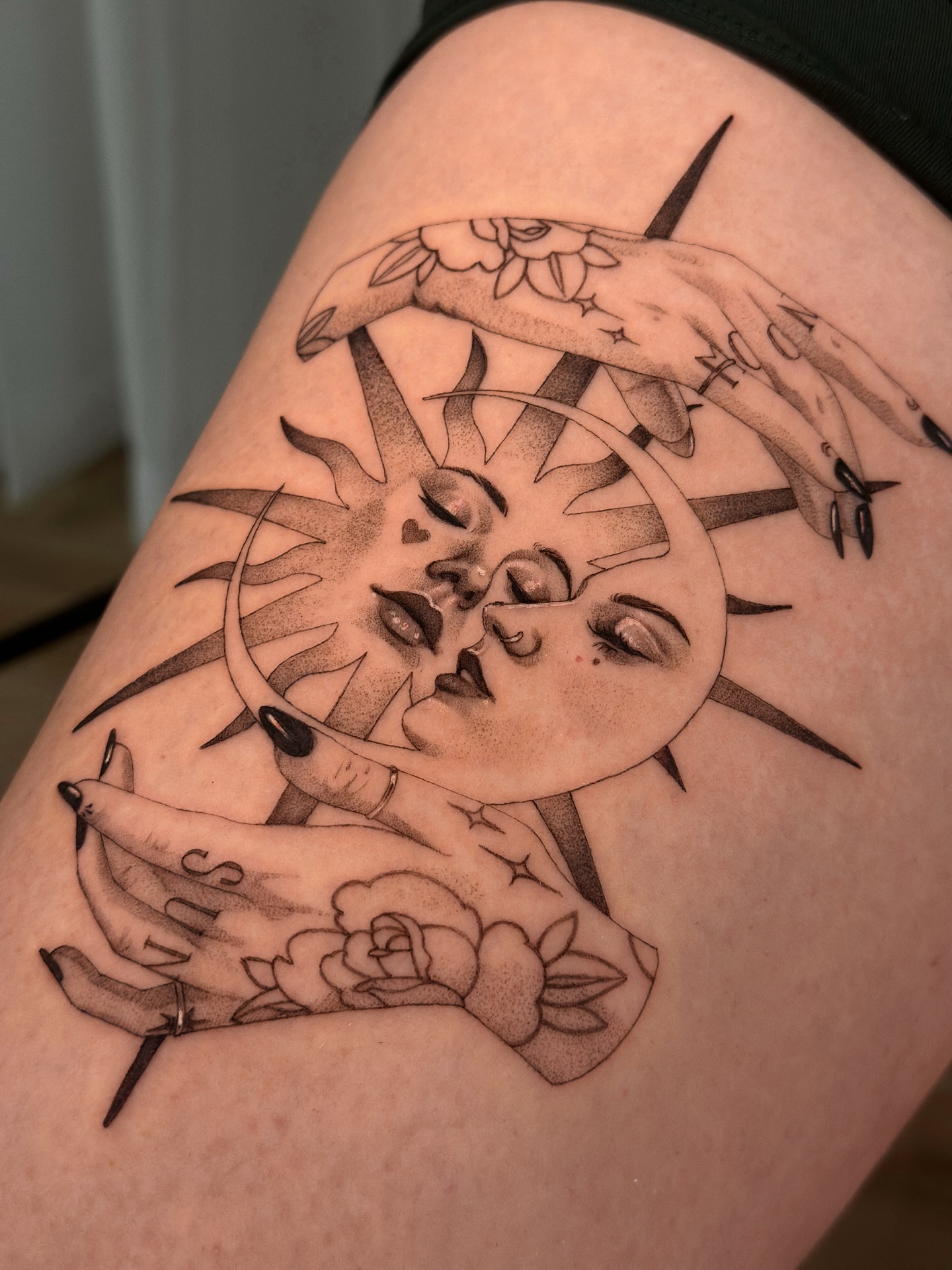 Thigh Sun and Moon Tattoo