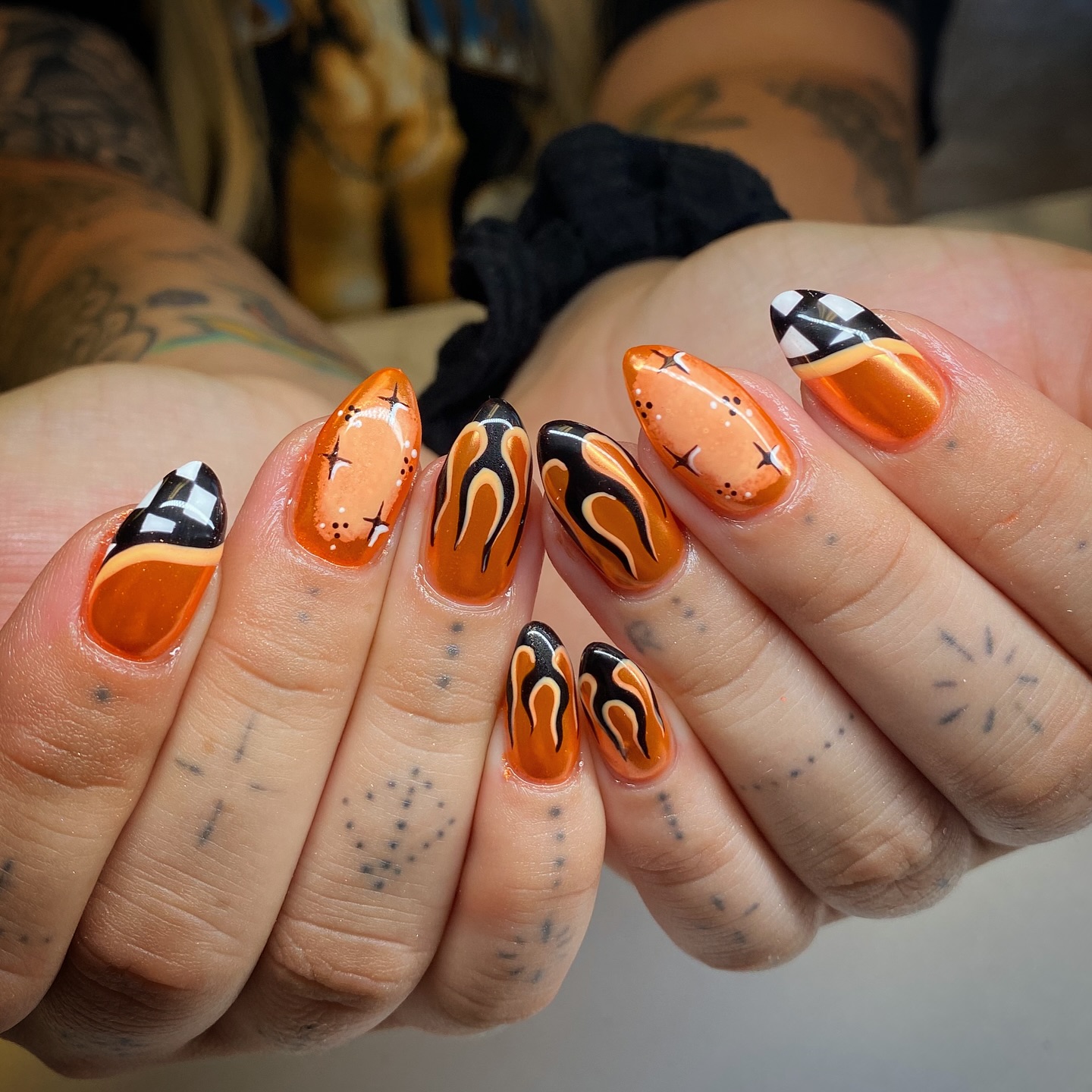 Orange Nails with Handpainted Nail Art