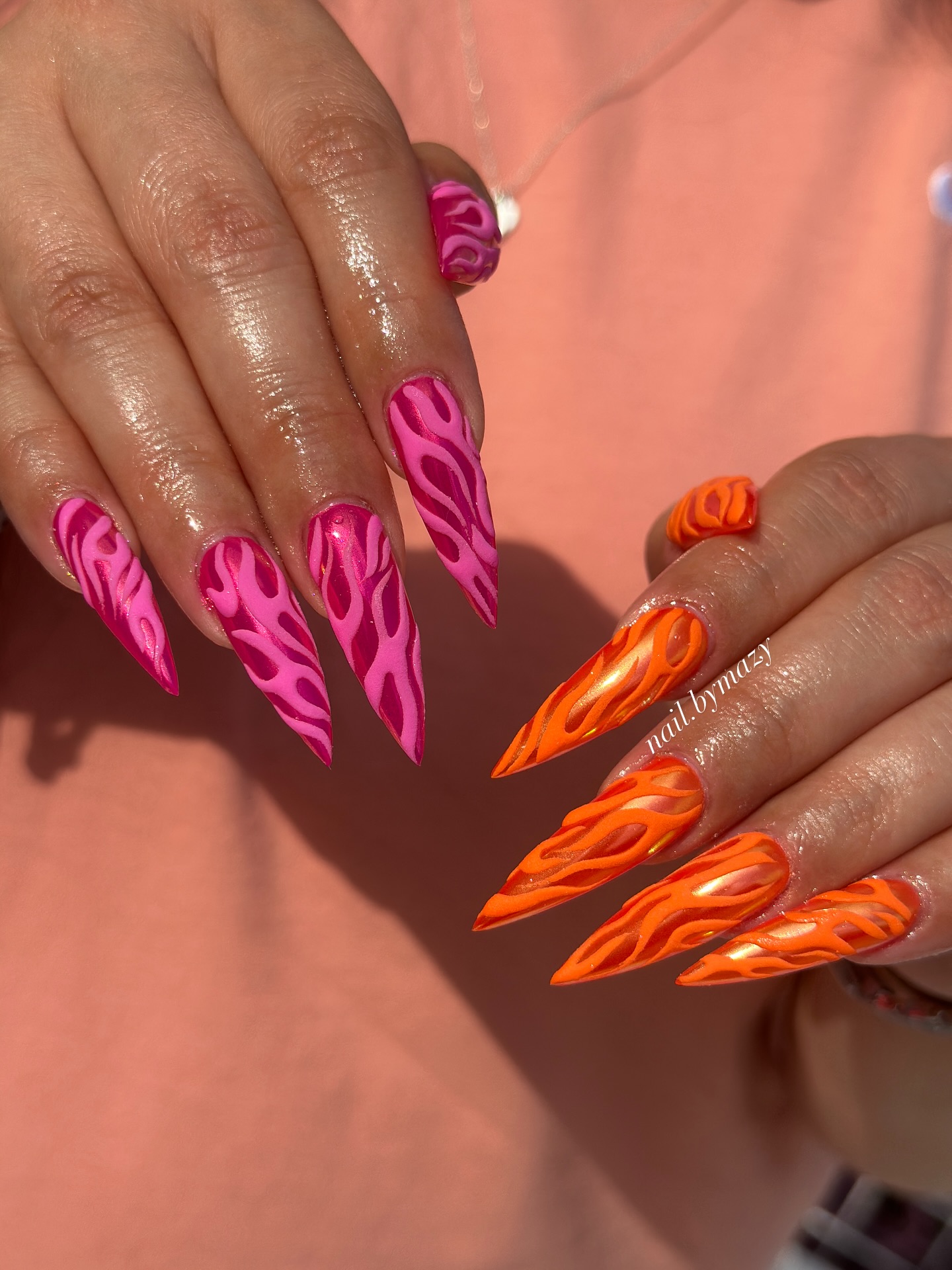 Long Orange and Pink Nails