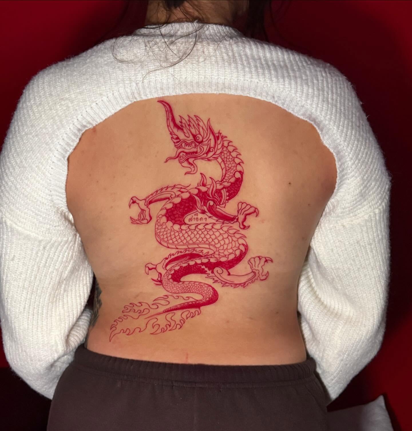 THAI RED DRAGON SPINE TATTOO