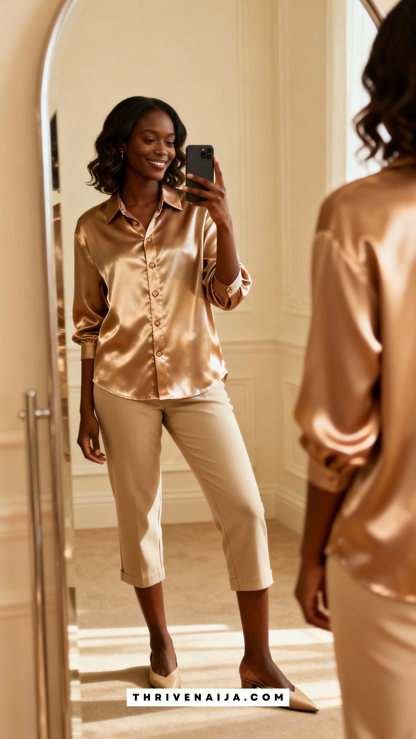 Beige Capri Trousers With a Satin Button-Up Blouse