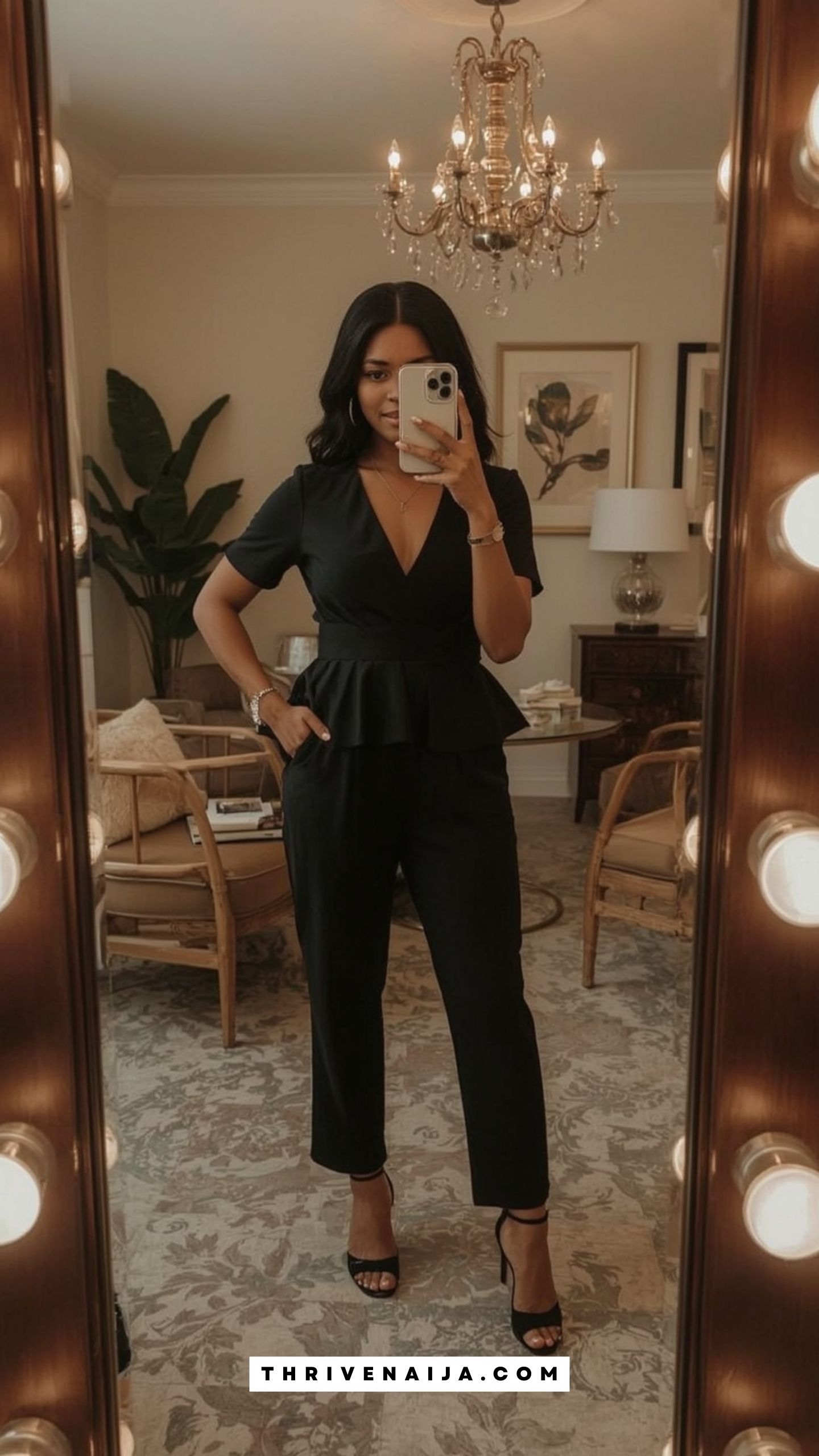 Black Capri Pants With a Wrap-Front Peplum Top