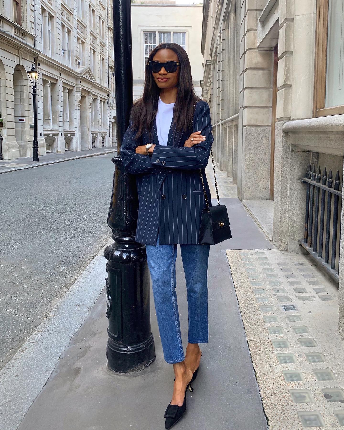 Blue Pinstripe Blazer with Jean