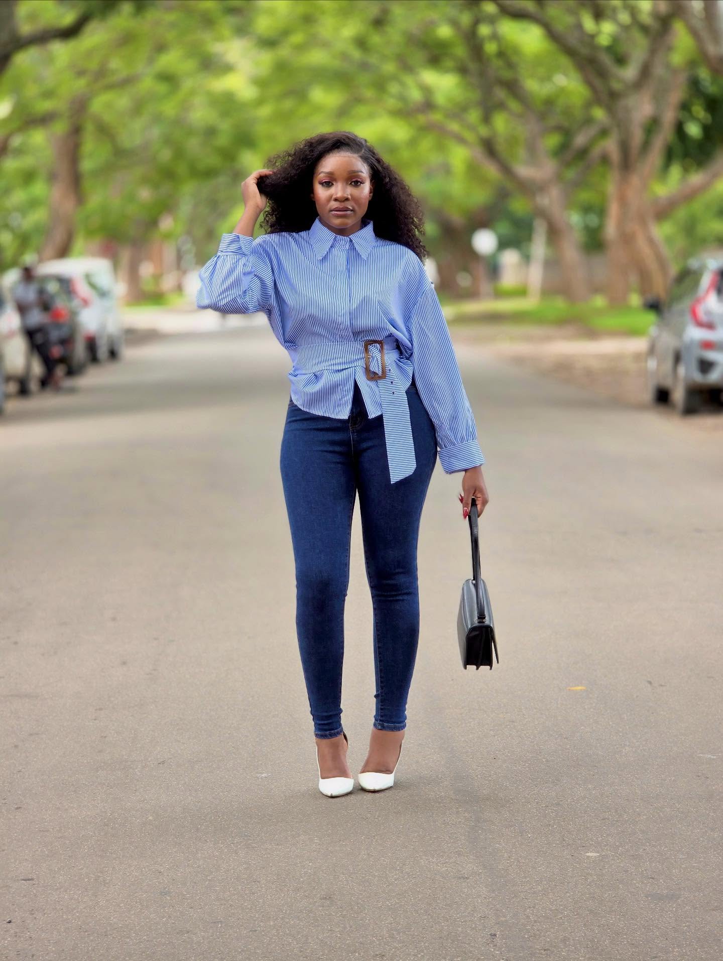 Formal Belt Shirt with Blue Skinny Jeans