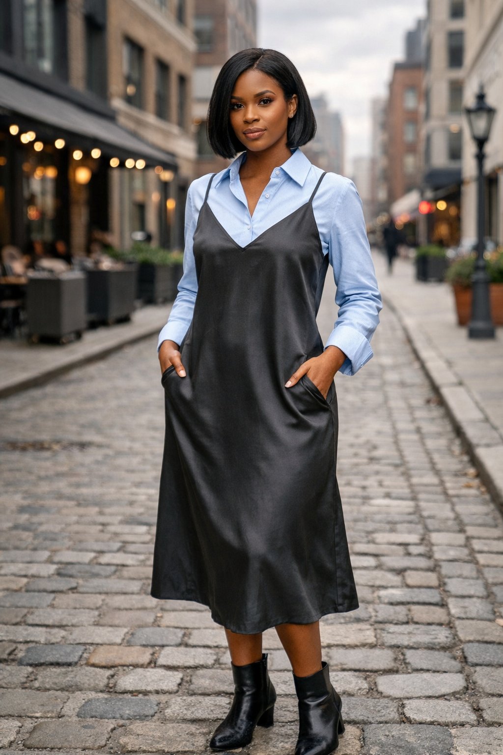 A confident black woman with a bob haircut posing on an urban cobblestone street, hands in pockets. She wears a charcoal grey silk slip dress over a collared light blue oxford shirt. The shirt’s cuffs are visible at her wrists. She wears black ankle boots. The setting is a chic city district on a slightly overcast day.