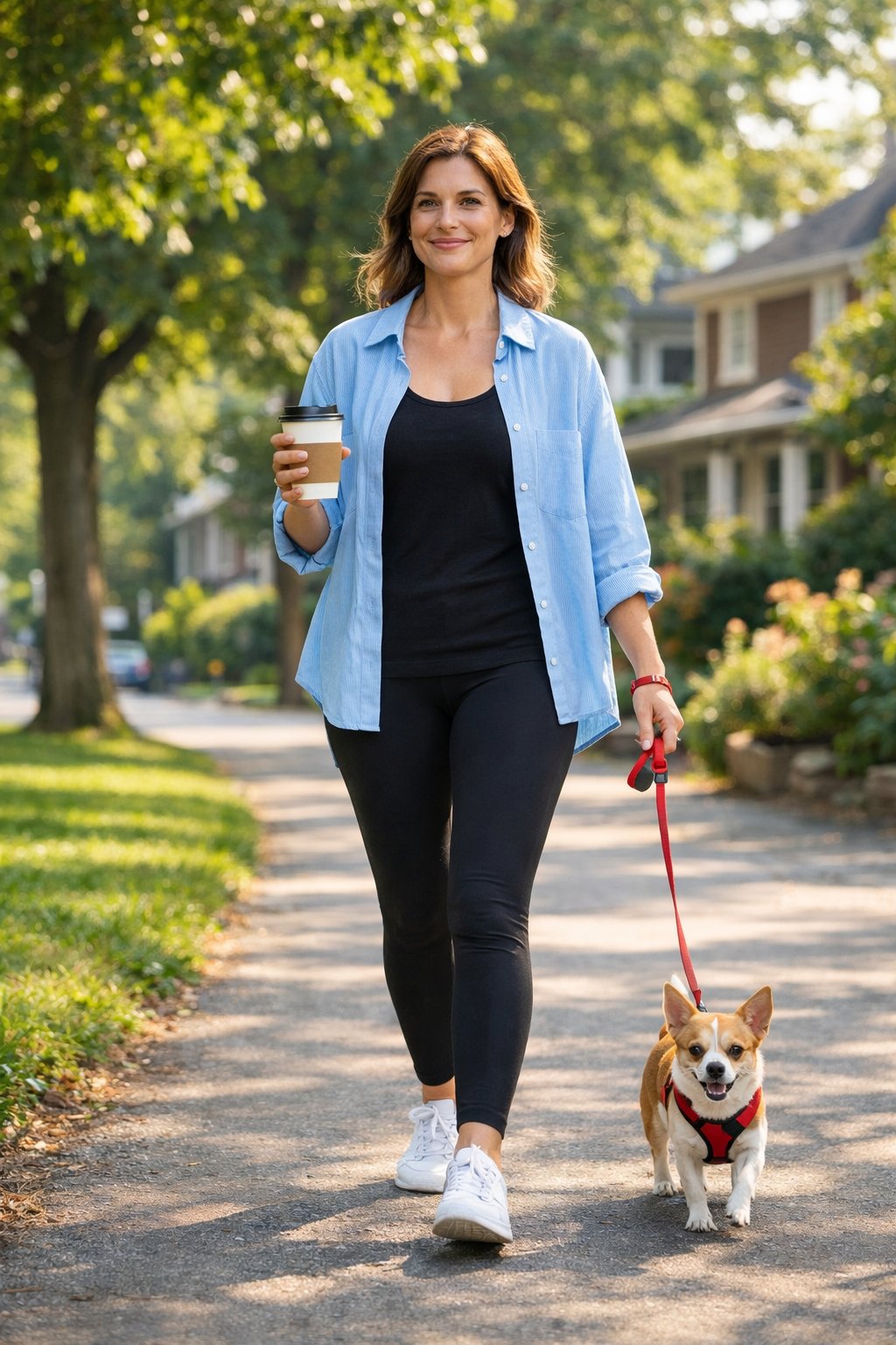 A full-screen portrait of a relaxed woman in her 30s carrying a coffee cup, walking a small dog in a leafy neighborhood park. She wears a soft, oversized light blue shirt unbuttoned over a simple black tank, with sleek black leggings and white sneakers. The setting is a quiet residential street in the morning light.
