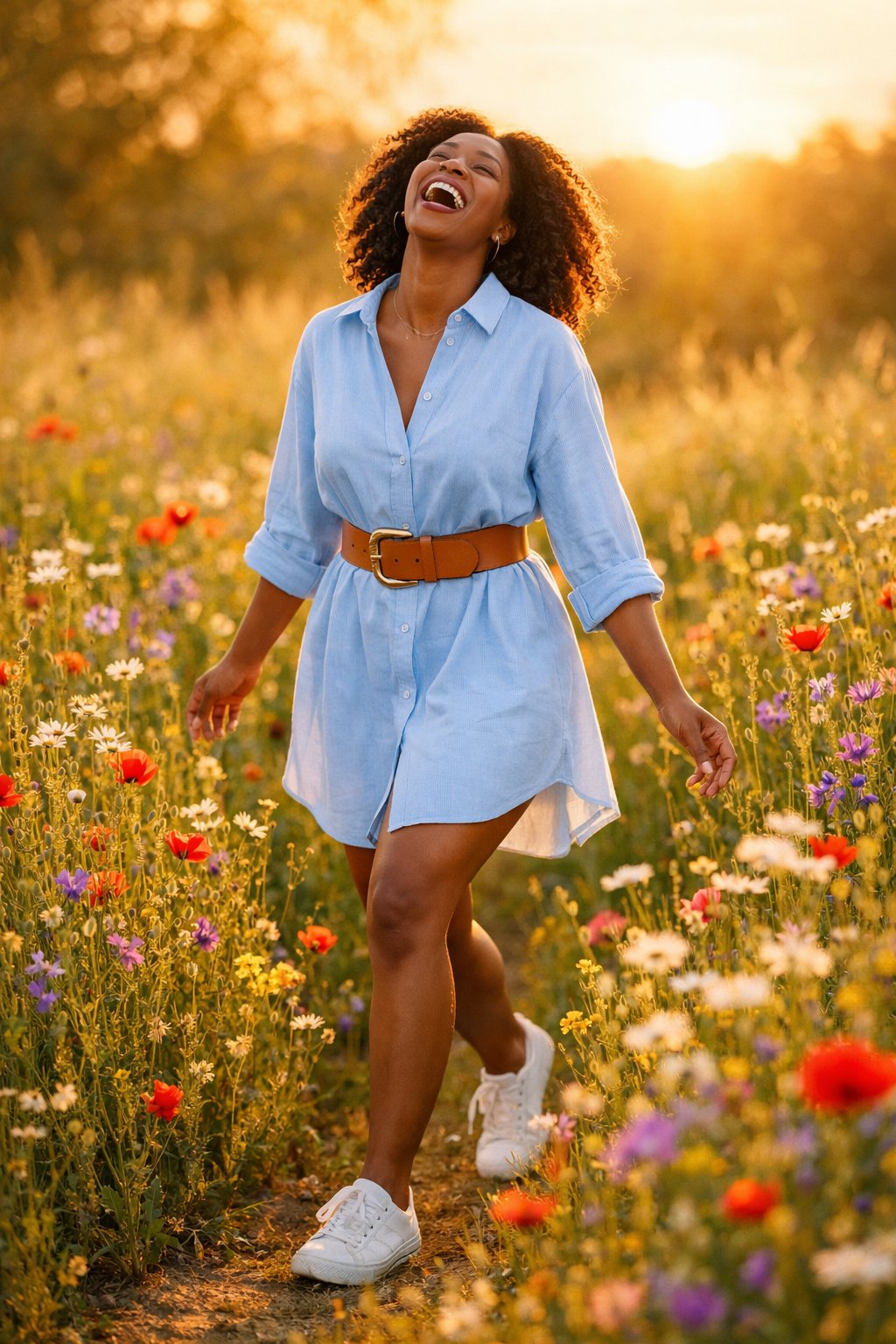 A joyful black woman in her 20s walking through a field of wildflowers at golden hour, laughing with her head back. She wears a long, light blue button-down shirt as a dress, belted at the waist with a wide tan leather belt. She wears simple white sneakers. The scene is warm and backlit by the setting sun.