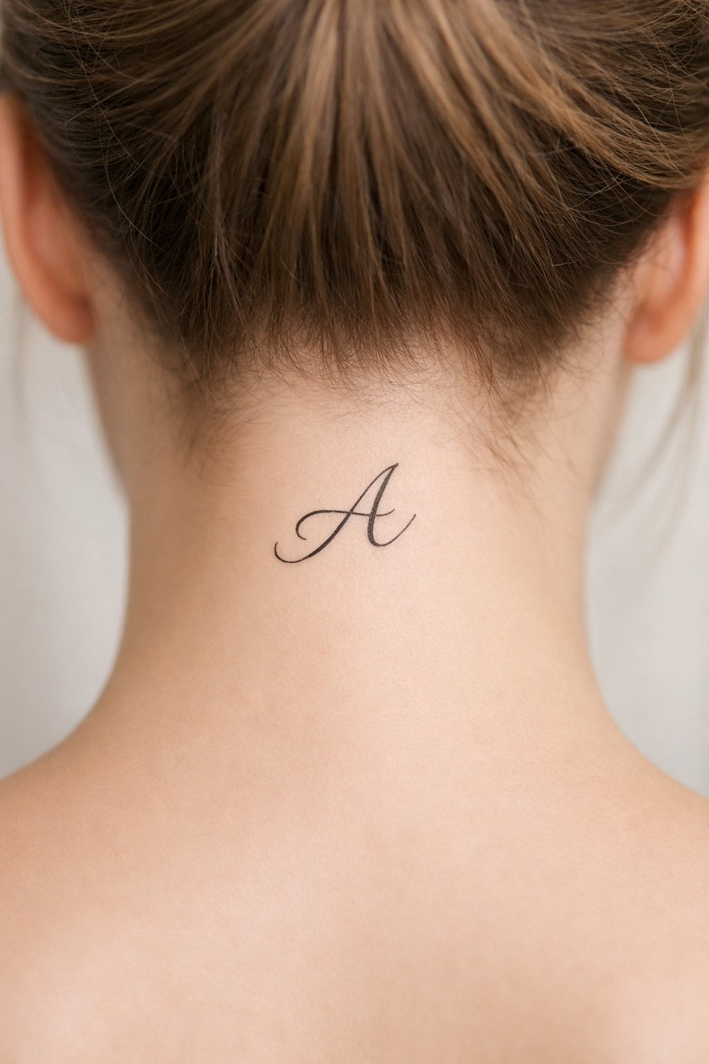 Centered nape detail: the letter'A' in an elegant, connected cursive script. The design is dainty and sits just where the neck meets the hair.