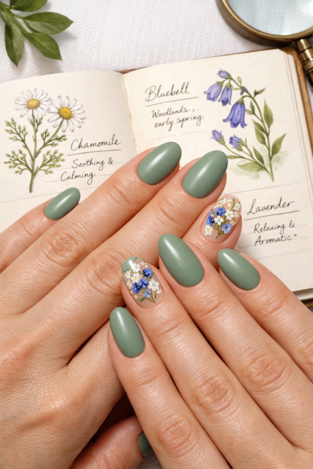Close-up, top-down view of hands with oval nails over an open botanical journal. The nails are matte sage green. The ring fingers have real, tiny pressed blue and white wildflowers encapsulated under a glossy top coat. The light is clear and detailed.