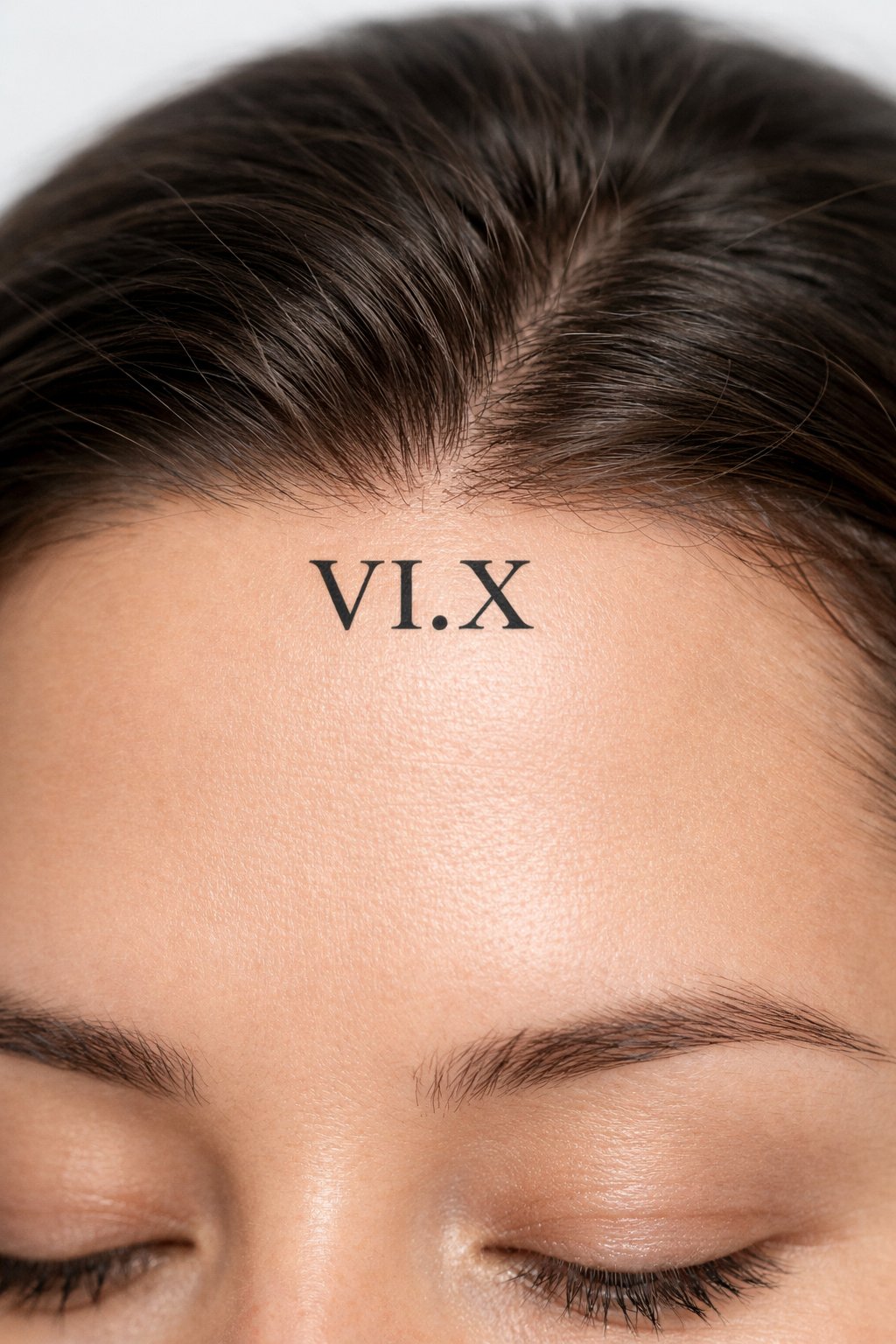Horizontal alignment at the hairline: the numerals'VI.X' in a classic, clean font. The skin is smooth, and the tattoo sits like a delicate timestamp.