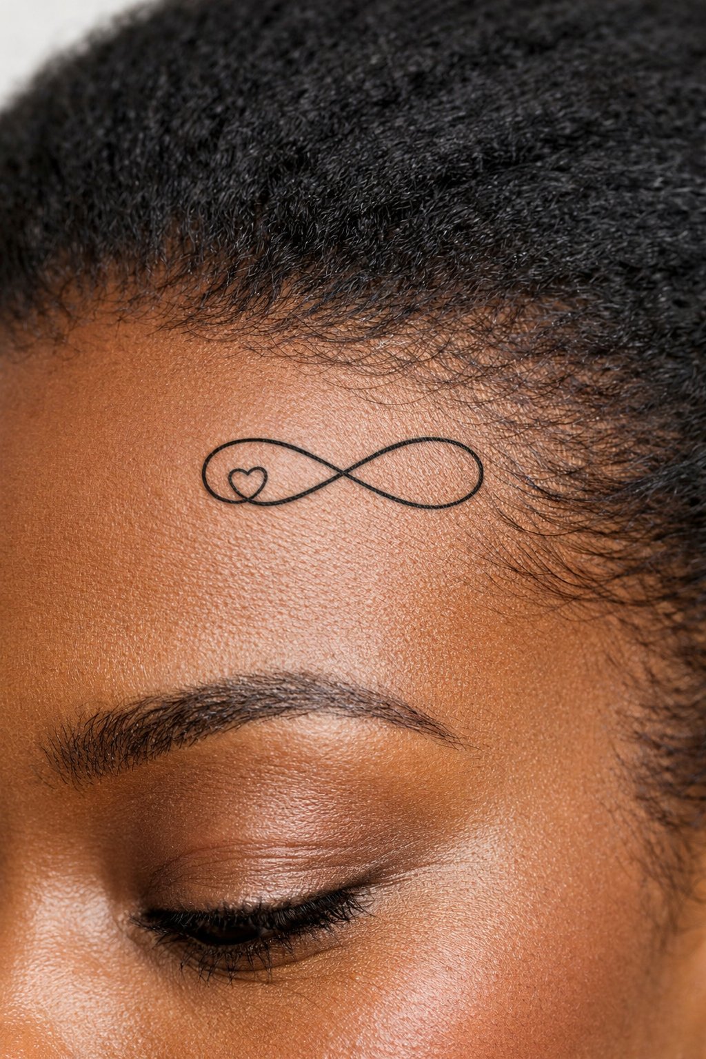 Horizontal placement at the hairline of black woman: a delicate infinity symbol in a single, unbroken line. One loop contains a micro heart formed by negative space. make it a realistic tattoo