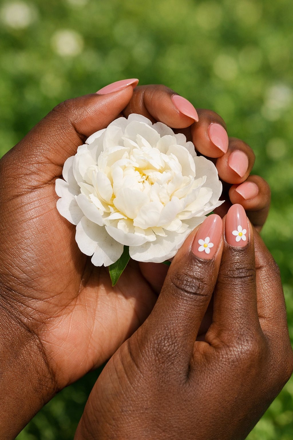 Overhead shot of black hands loosely holding a single white peony. The nails are a medium almond shape in a universally flattering rosy nude. On each ring finger, a simple, five-petaled white flower with a tiny yellow dot center is painted near the cuticle. The background is a soft, out-of-focus green garden, with clear light on the hands.