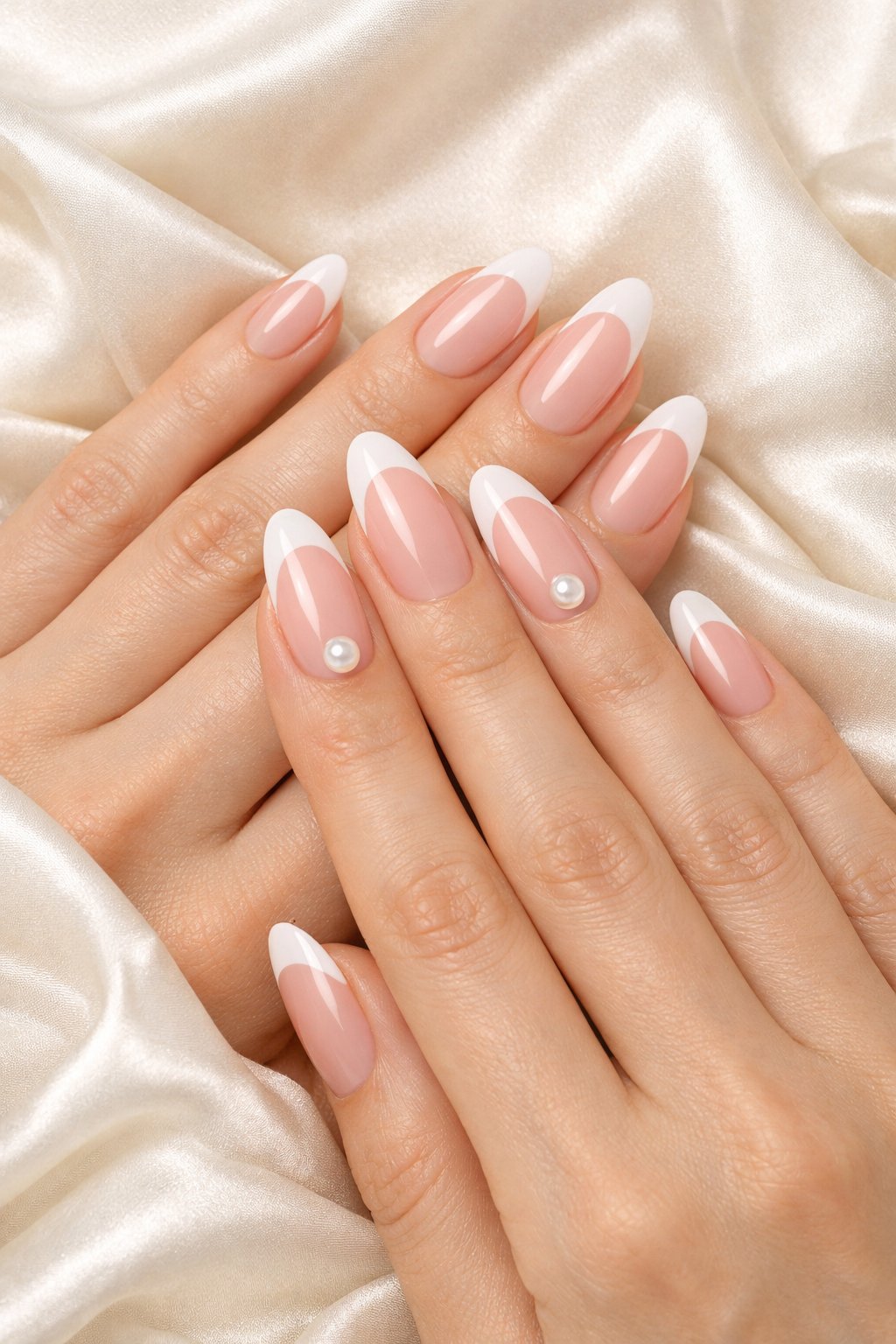 Overhead, top-down view of feminine hands with medium-length, almond-shaped nails resting gently on a piece of luxurious ivory silk. The nails feature a traditional French tip with a soft pink base and crisp white tips. A single, small, iridescent pearl is delicately placed near the cuticle of each ring finger. The lighting is soft and bright, highlighting the glossy finish and the pearl's sheen against the fabric.