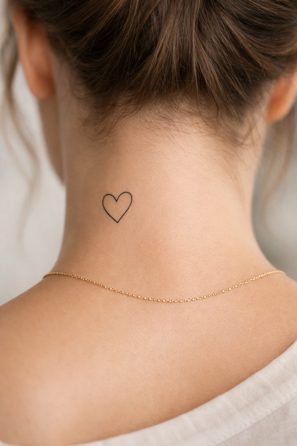 Slightly angled shot of the neck: a single-line heart outline tattooed to the left of the spine, just below the hair. A delicate gold chain rests on the collarbone below."