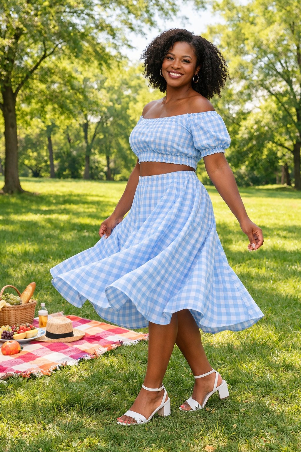 A black smiling woman stands in a lush, green park with a picnic blanket nearby. She wears a matching baby blue gingham crop top and midi skirt with white heeled sandals. She spins slightly, showing the full outfit in the bright spring sunshine.