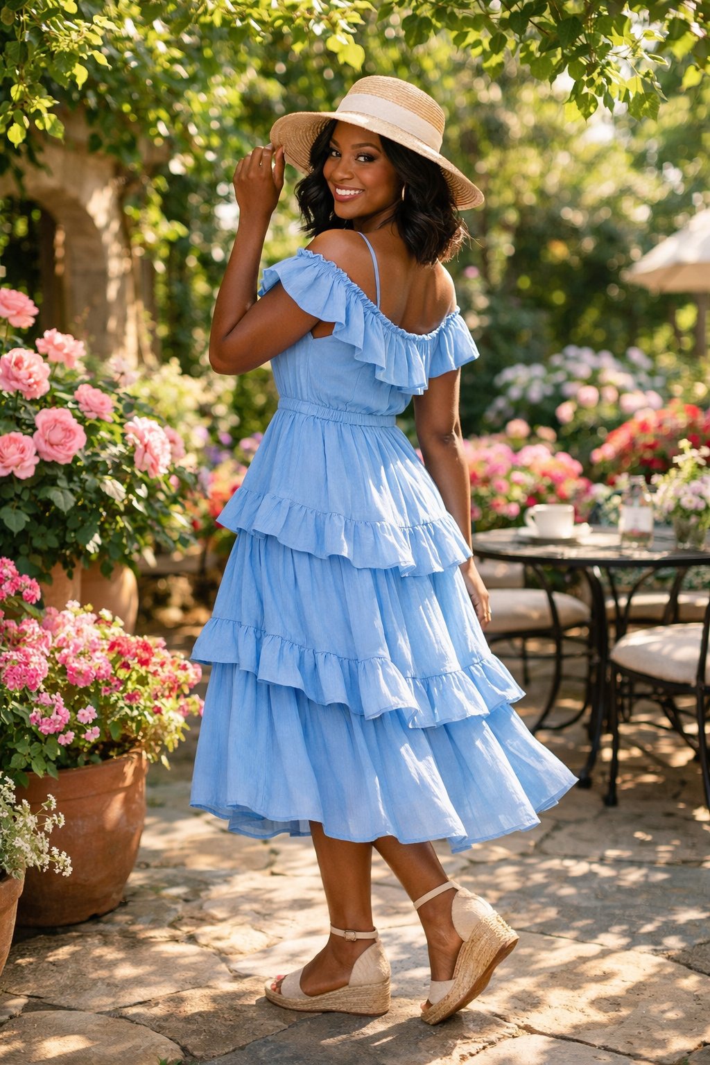 A black woman stands in a blossoming garden patio, holding the brim of her hat. She wears a sky blue tiered ruffled midi dress and natural espadrilles. She stands slightly turned, showing the dress's detail, under the dappled light of a spring afternoon.