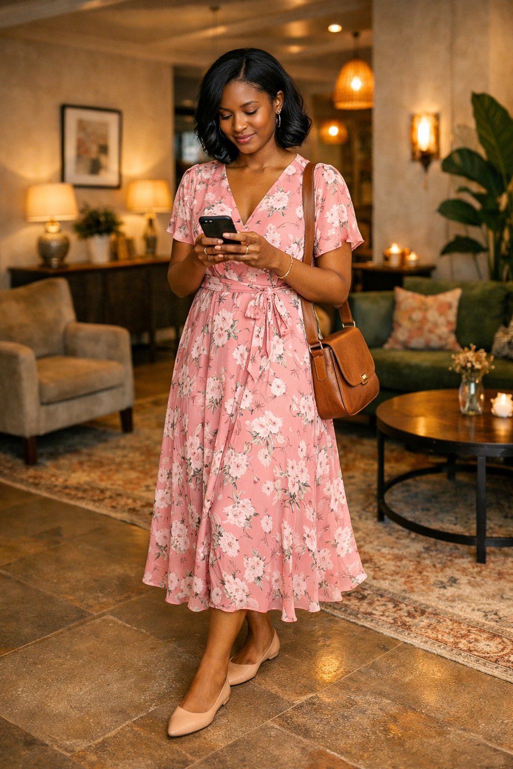 A black woman stands in a charming boutique hotel lobby, checking her phone. She wears a pink floral wrap dress, nude pointed-toe flats, and a brown leather crossbody bag. She looks effortlessly put-together in the soft interior light.
