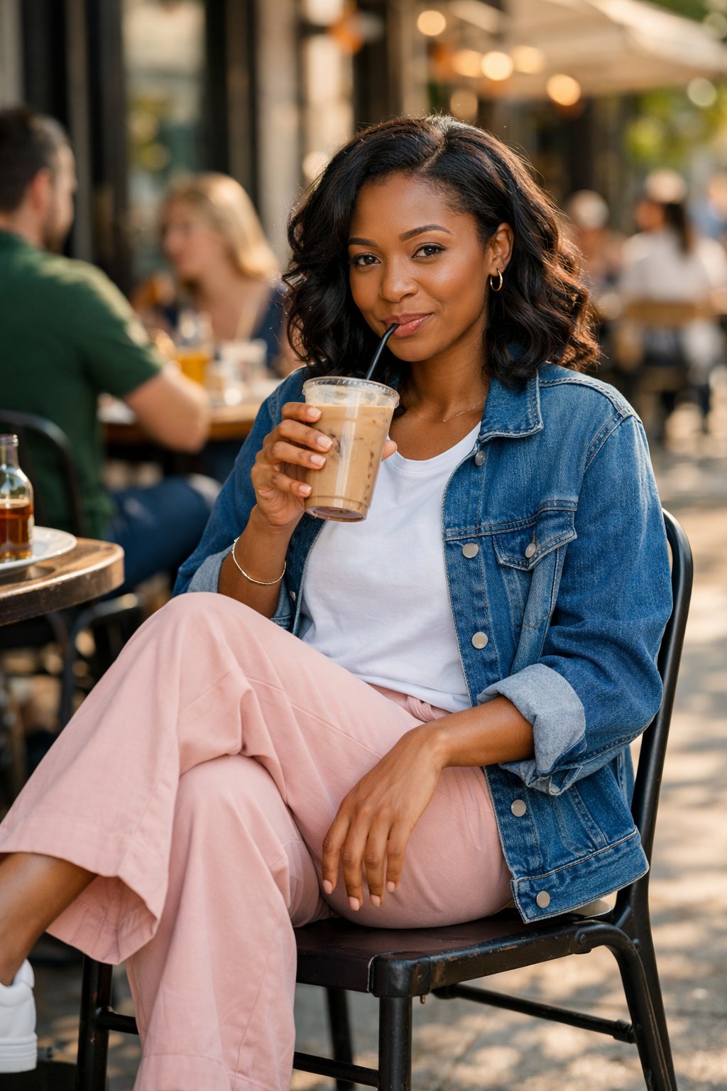 A relaxed black woman sitting outside a busy cafe, sipping an iced coffee. She wears blush pink wide-leg pants, a white tee, and an open denim jacket. Her white sneakers are clean and fresh. The atmosphere is lively and casual.