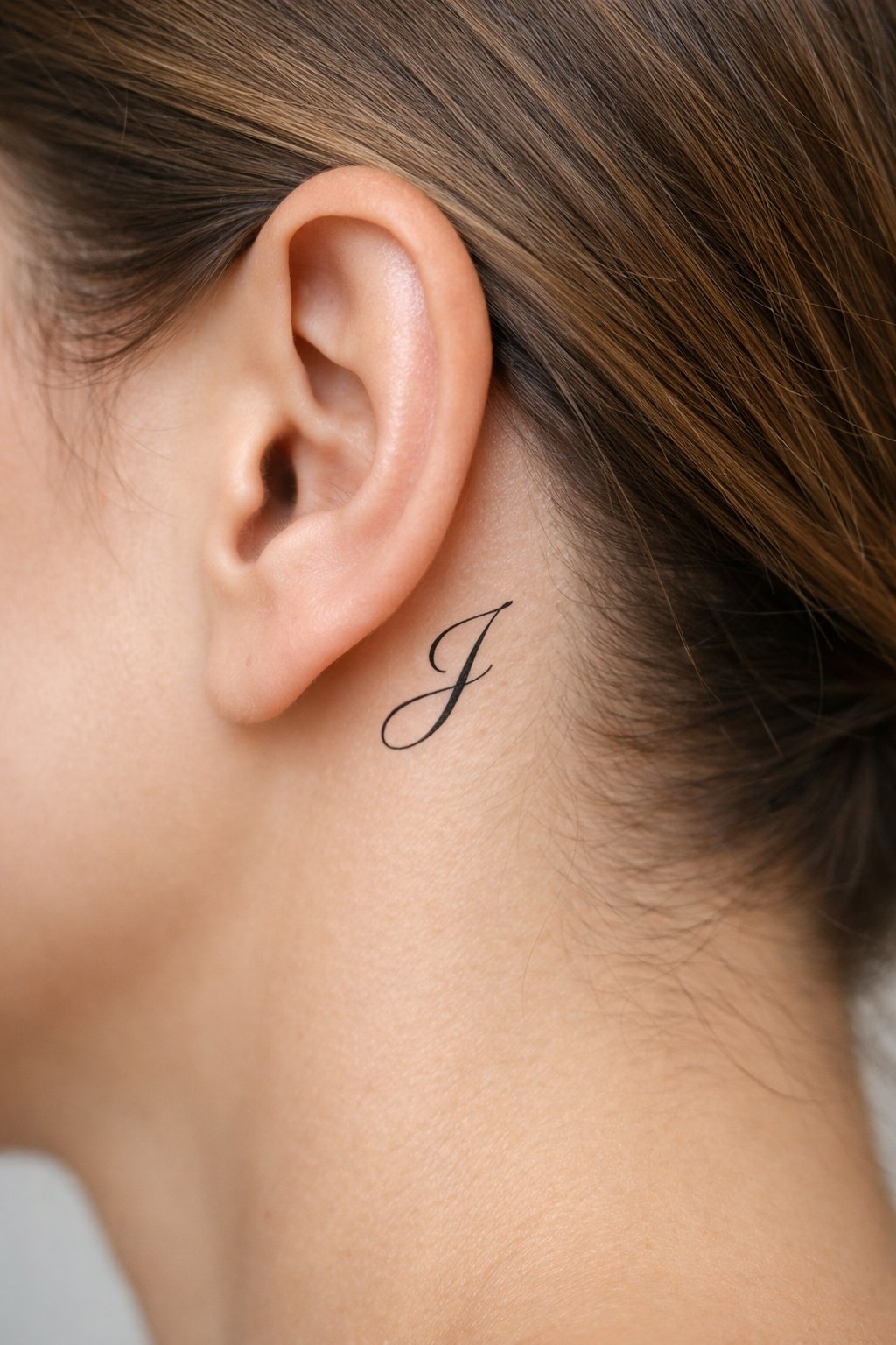Behind-the-ear close-up: a single script initial'J' tattooed delicately. The hair is tucked, and the focus is on the elegant flow of the letter.