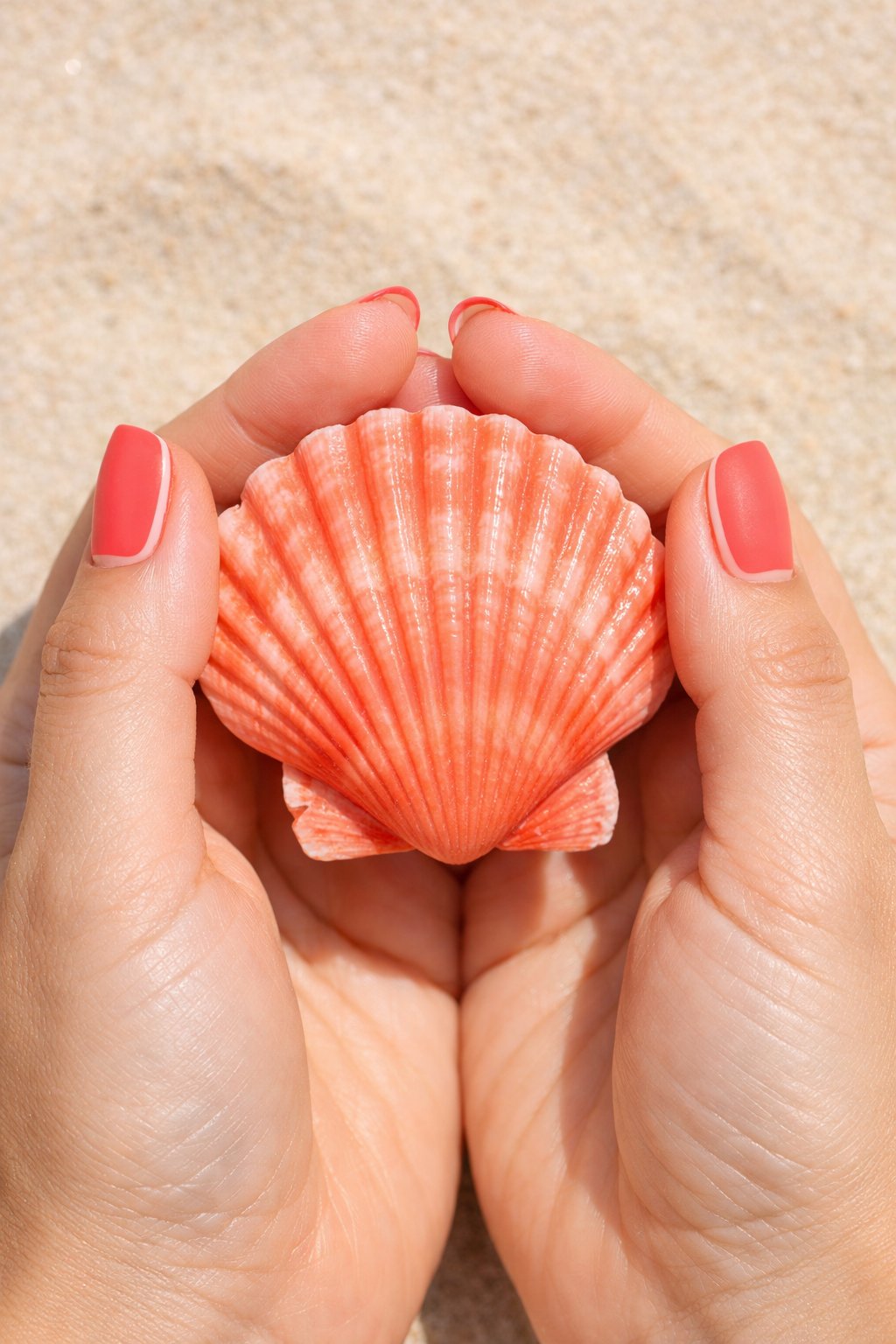 Bird's-eye view of hands with short nails holding a coral-colored seashell. The nails are a bright matte coral pink, each with a thin, clean line of bare nail left visible at the side. The background is sandy and light, evoking a beachy feel.