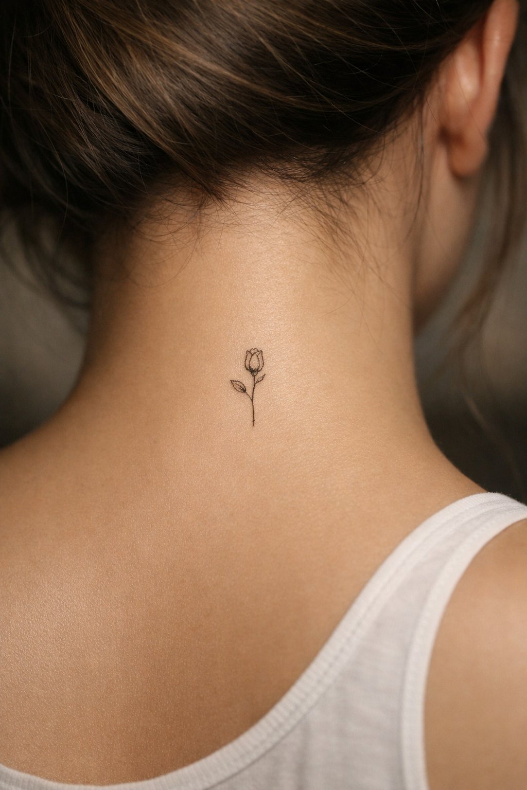 Close-up of the nape of the neck: a micro rosebud with a single leaf, tattooed in fine lines. Hair is gathered to one side over a simple white tank top strap. Soft, focused lighting on the delicate ink."