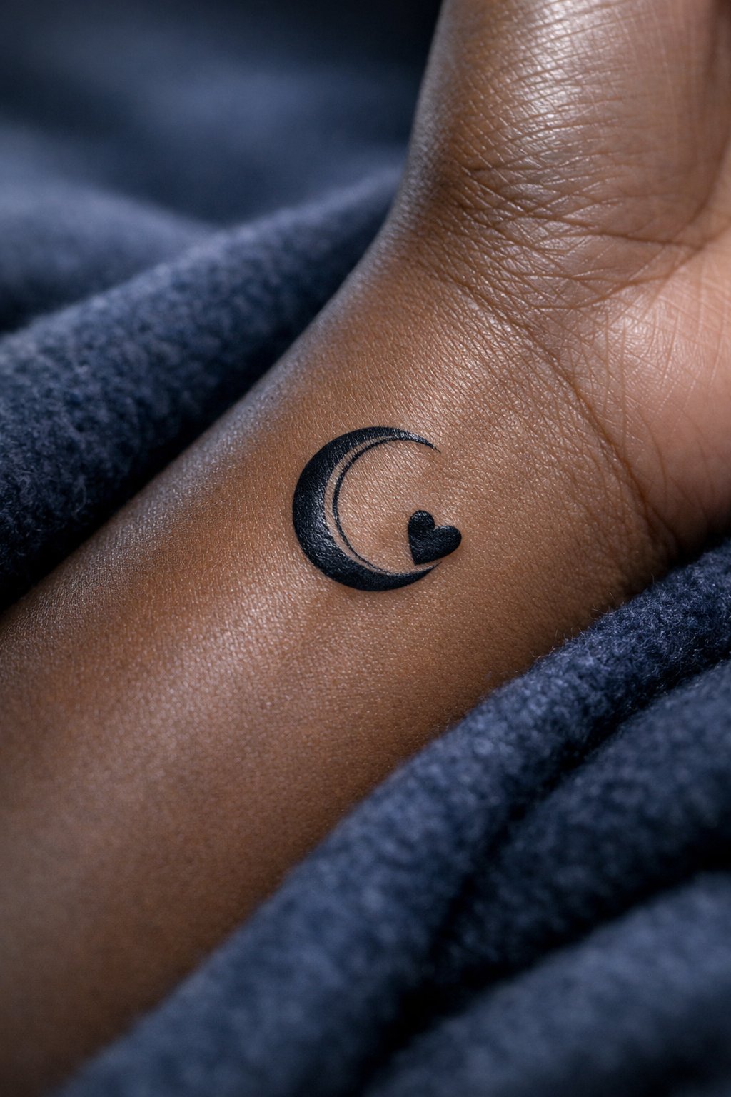 Detailed shot of a tattoo on a black wrist: a delicate crescent moon, its inner curve seamlessly becoming the side of a small heart. The arm rests on a soft, navy blue wool blanket. Silvery, cool-toned lighting."