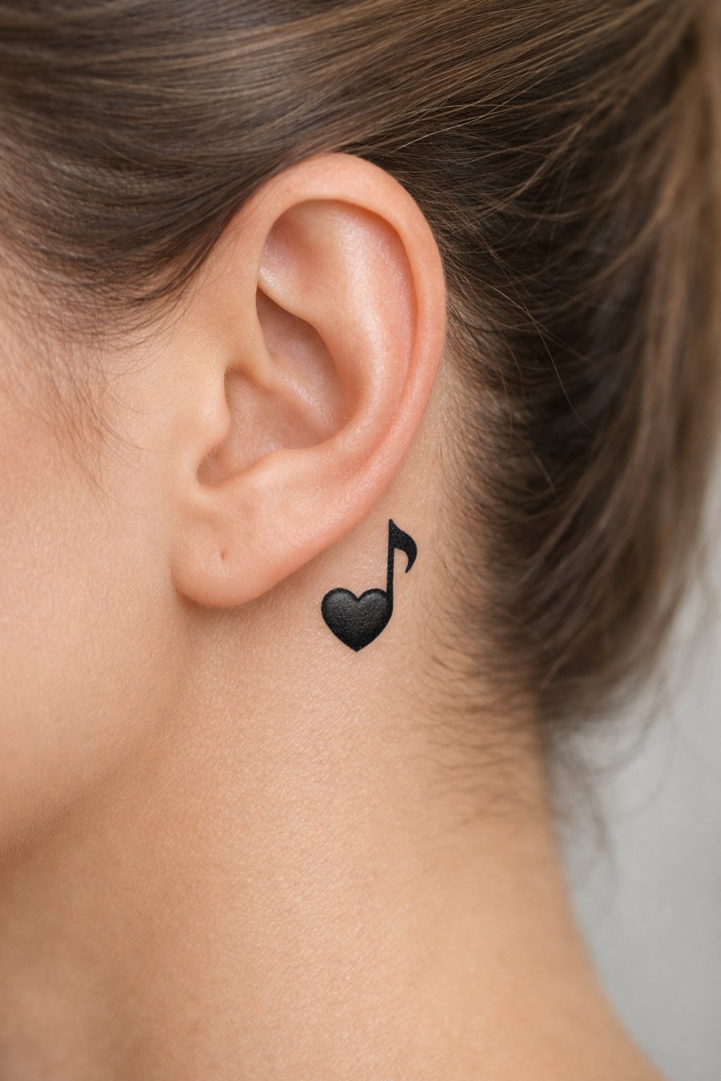 Detailed view of a'heart note' tattoo behind the ear. The note is simple and elegant, with a clear heart-shaped head. The hair is tucked away. Focus on the playful yet classic musical symbol.