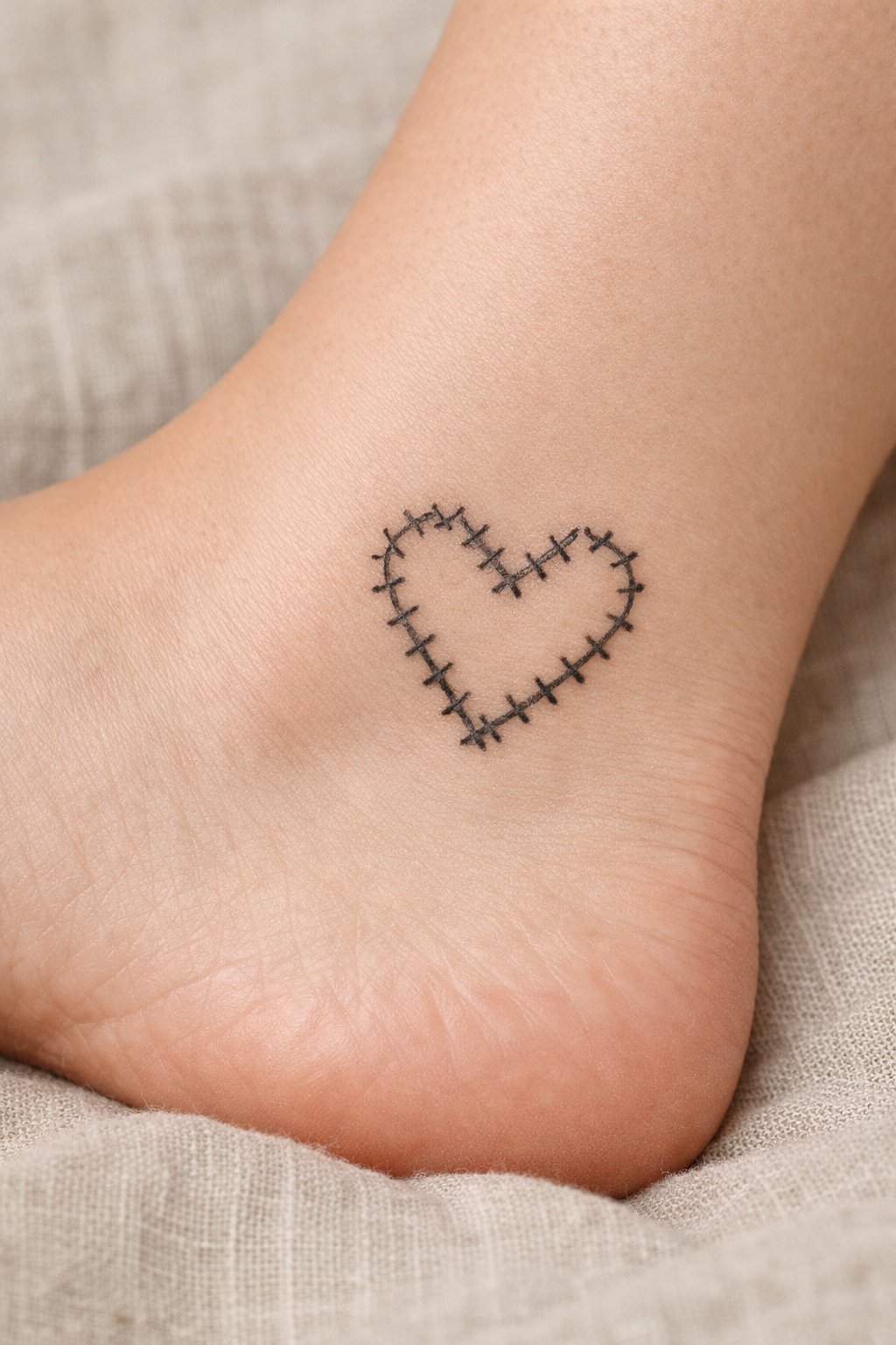 Detailed view of a small stitched heart tattoo on the ankle. The'thread' is a slightly faded black, and the'x' stitches are perfectly spaced. The foot is on a textured, neutral linen sheet. Focus on the stitch details.