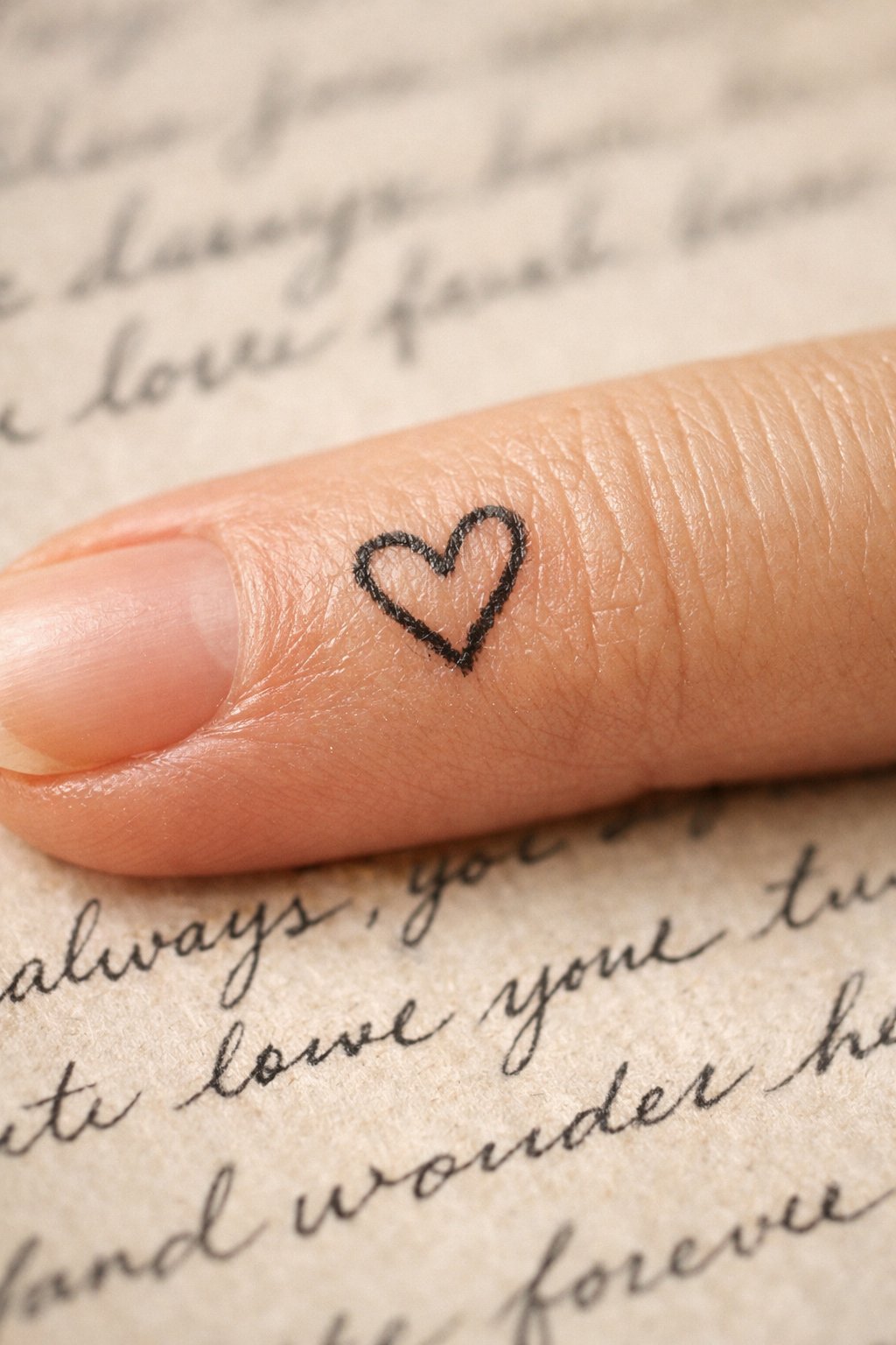 Extreme macro close-up of a small, uneven, single-line heart tattoo on the finger. The hand is resting on a page of a handwritten letter, the ink of the tattoo mirroring the pen's imperfections. Soft, natural light