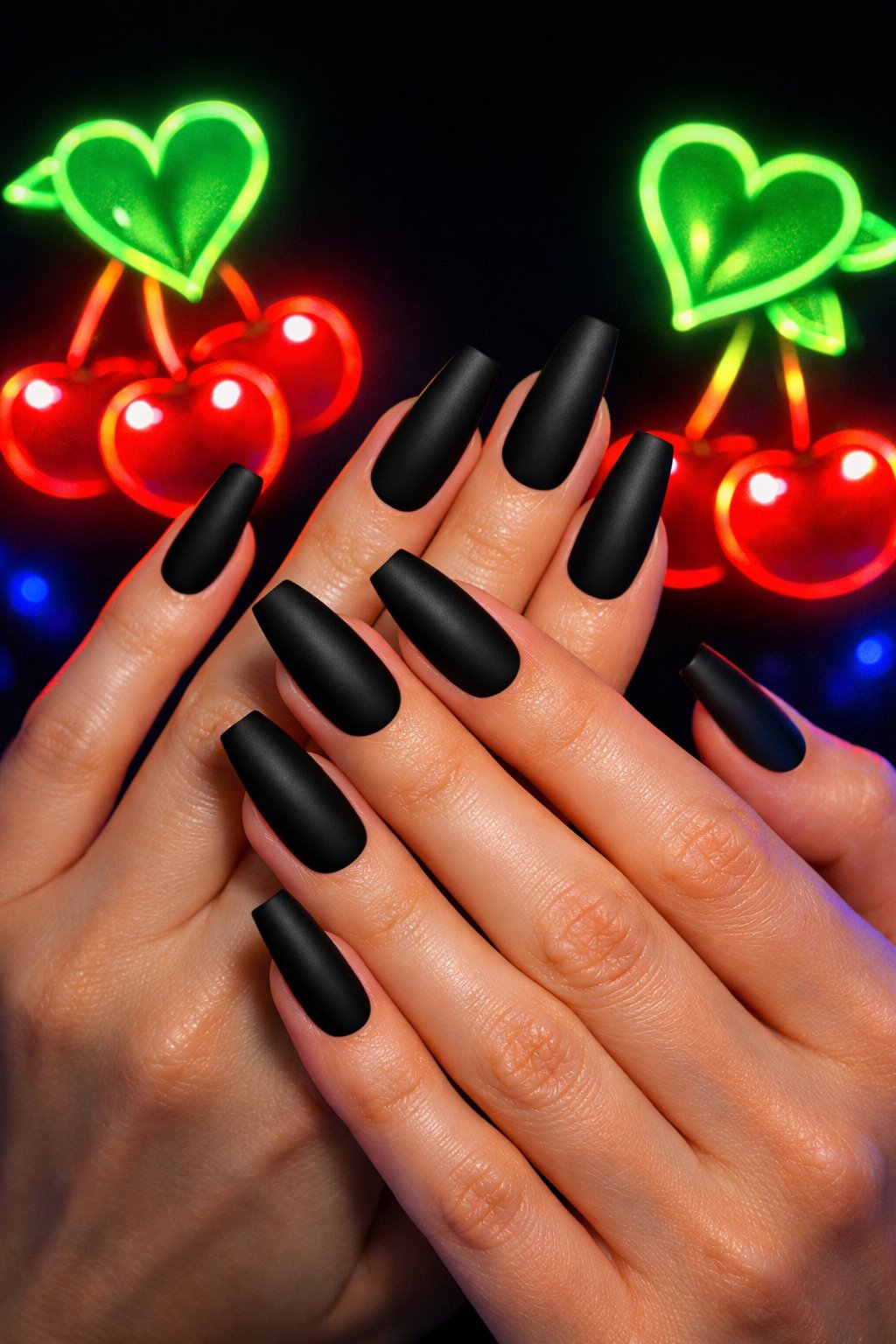 Hands with coffin nails against a black light backdrop. The nails are matte black. Bright neon red cherries and green heart leaves appear to glow. The look is electrifying and funky.