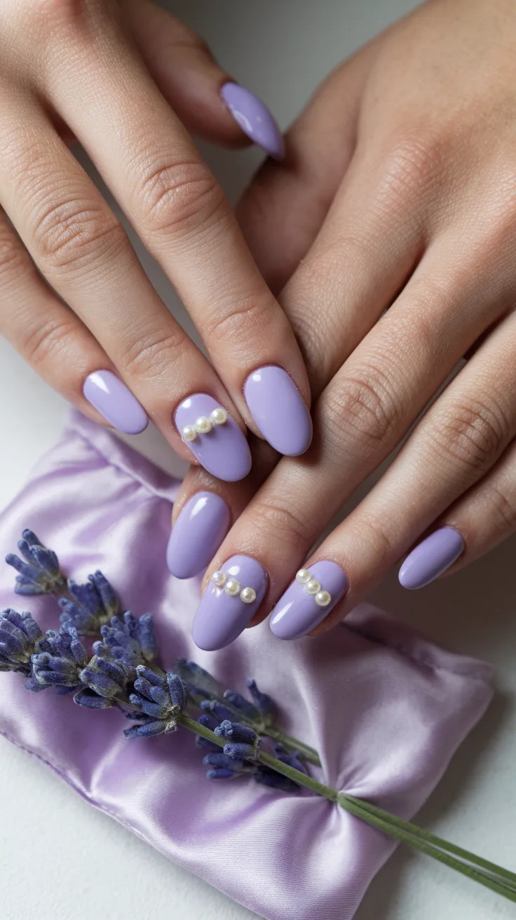 Lavender French Tips with a Micro Pearl Heart