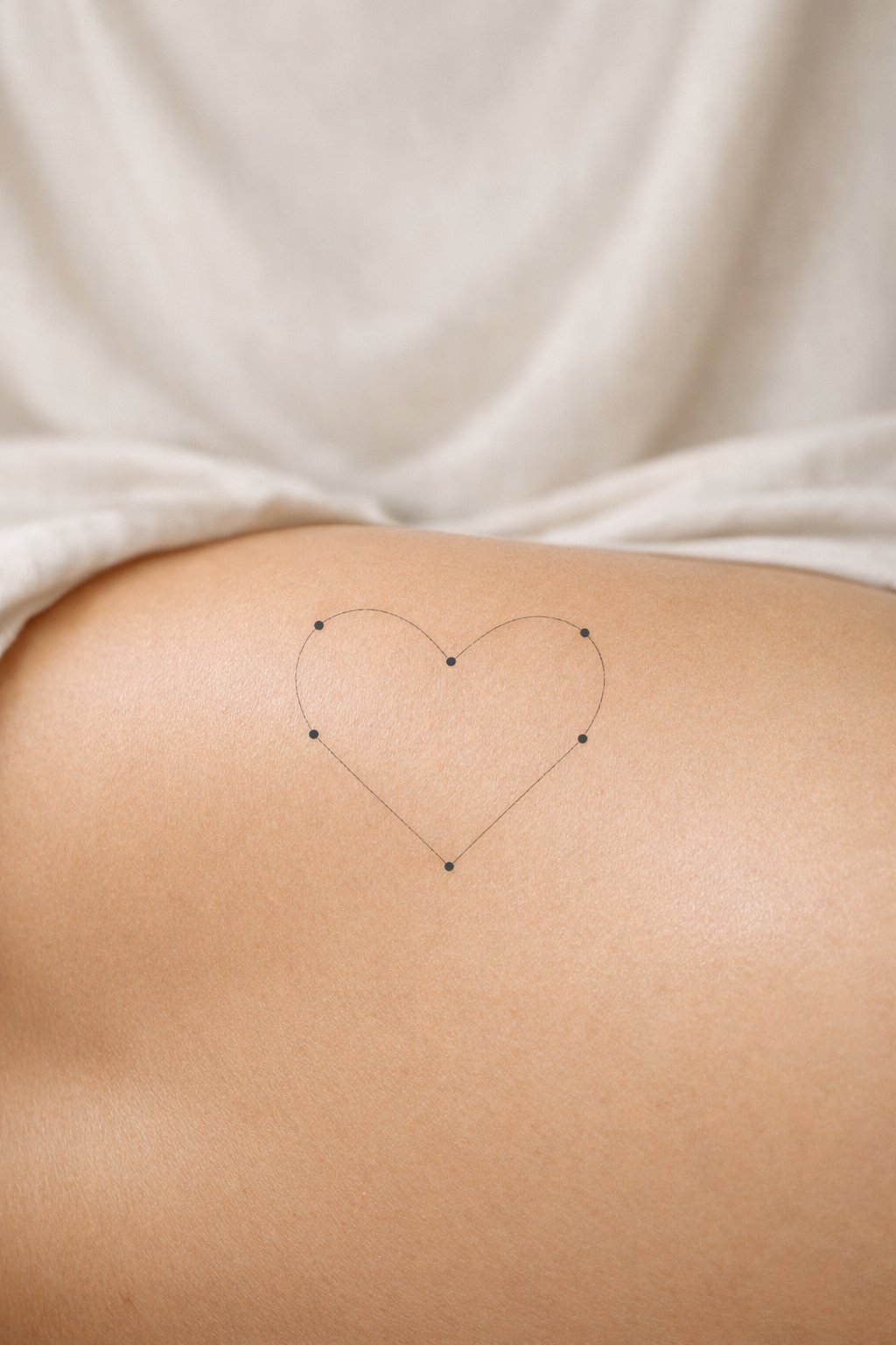 Lower back close-up: a heart shape formed by four precise dots connected by whisper-thin grey lines. Photographed against a backdrop of soft, neutral fabric.